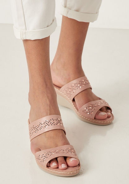 Le Confort Embellished Slip-On Sandals with Wedge Heels and Cut-Out Detail-Women%27s Heel Sandals-image-1