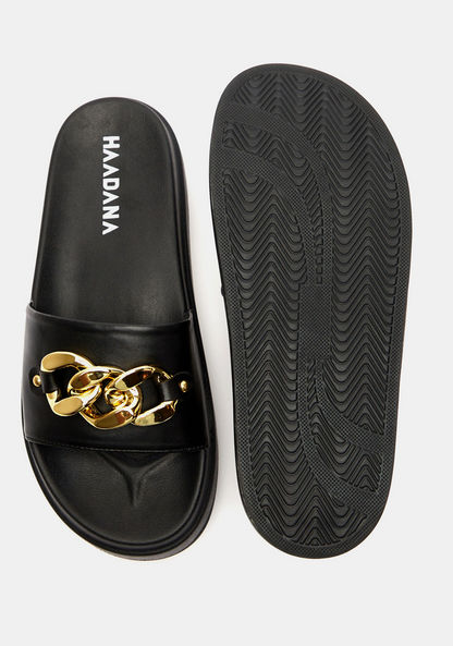Haadana Solid Slip-On Slide Slippers with Chain-Link Accent