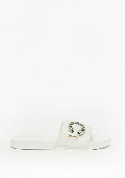 Quilted Slip-On Slide Slippers with Studded Buckle Accent