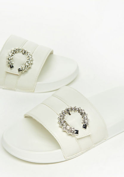 Quilted Slip-On Slide Slippers with Studded Buckle Accent