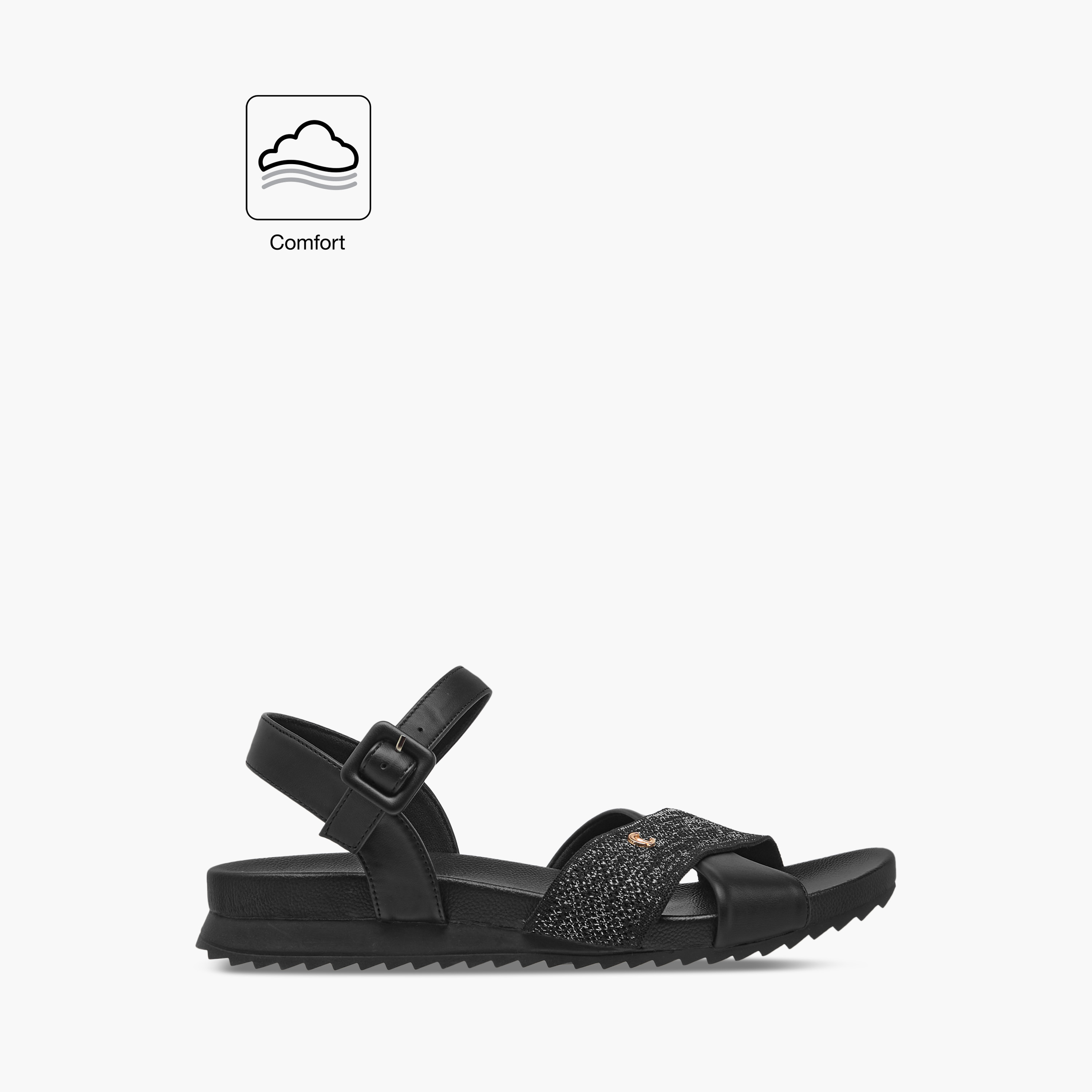 صندل مريح بارز الملمس بأحزمة متقاطعة وإبزيم إغلاق من لو كونفورت-women-shoes-flats-sandals-image-2