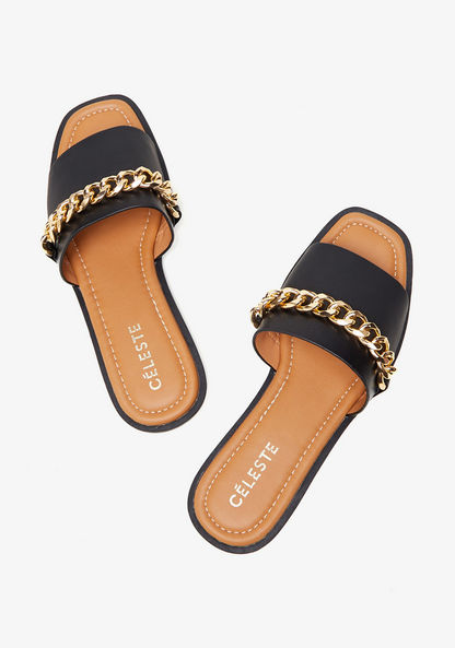 Celeste Women's Solid Slip-On Slide Sandals with Chain Detail-Women%27s Flat Sandals-image-1