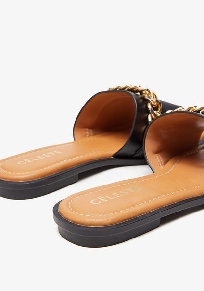 Celeste Women's Solid Slip-On Slide Sandals with Chain Detail-Women%27s Flat Sandals-image-2