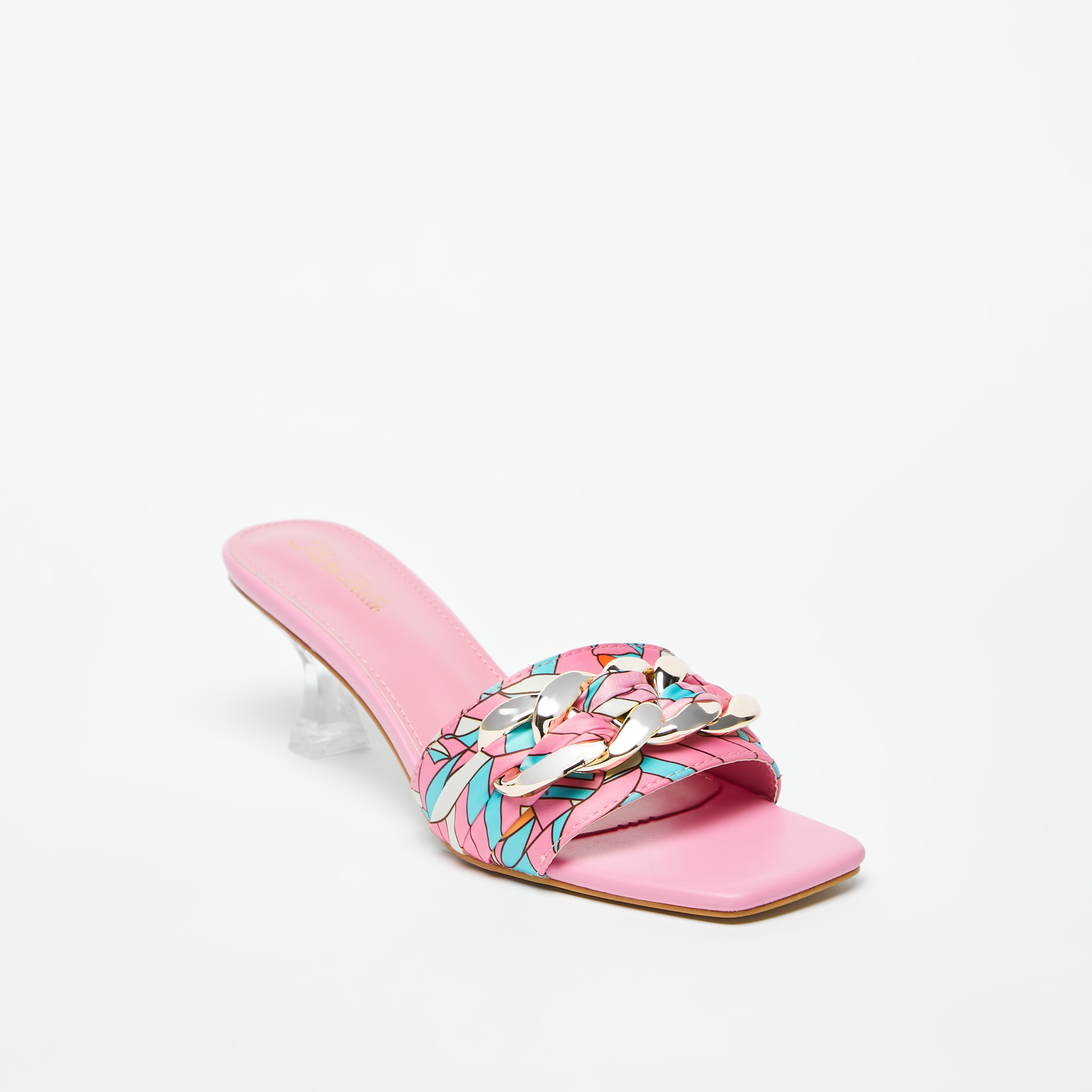 Buy Women s Printed Slip On Slide Sandals with Chain Detail and