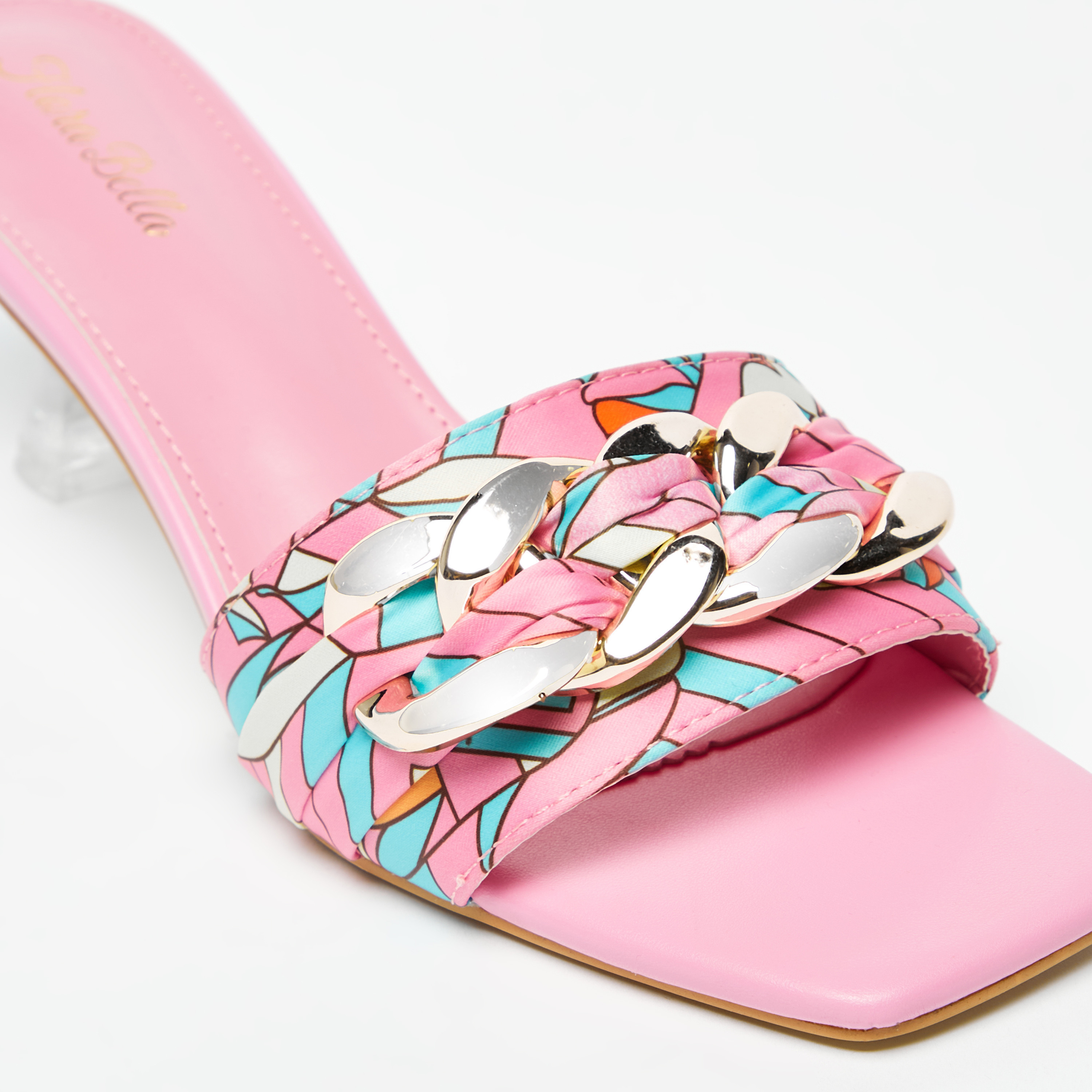 Buy Women s Printed Slip On Slide Sandals with Chain Detail and