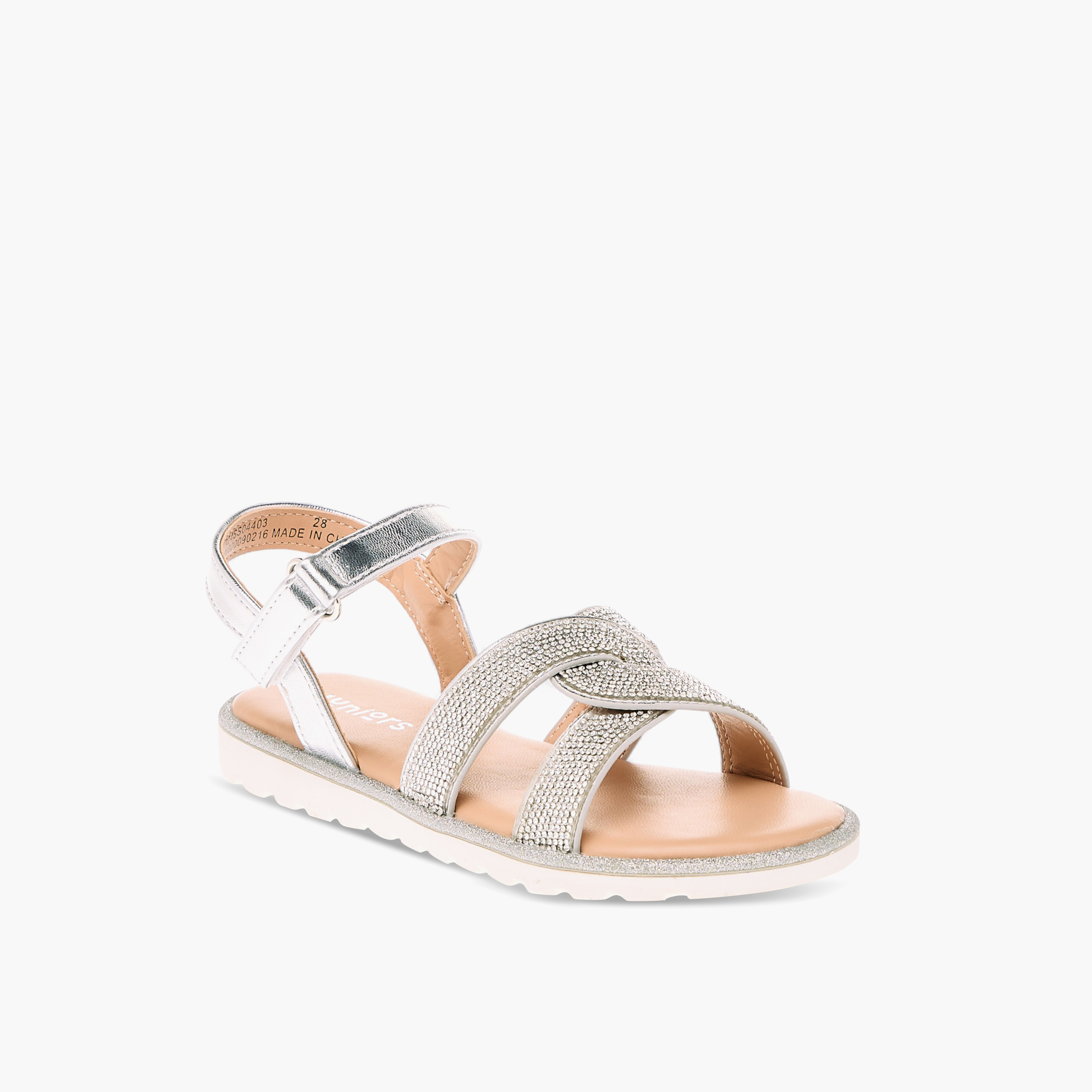 Juniors Embellished Flat Sandals with Hook and Loop Closure-girls-shoes-sandals-image-2
