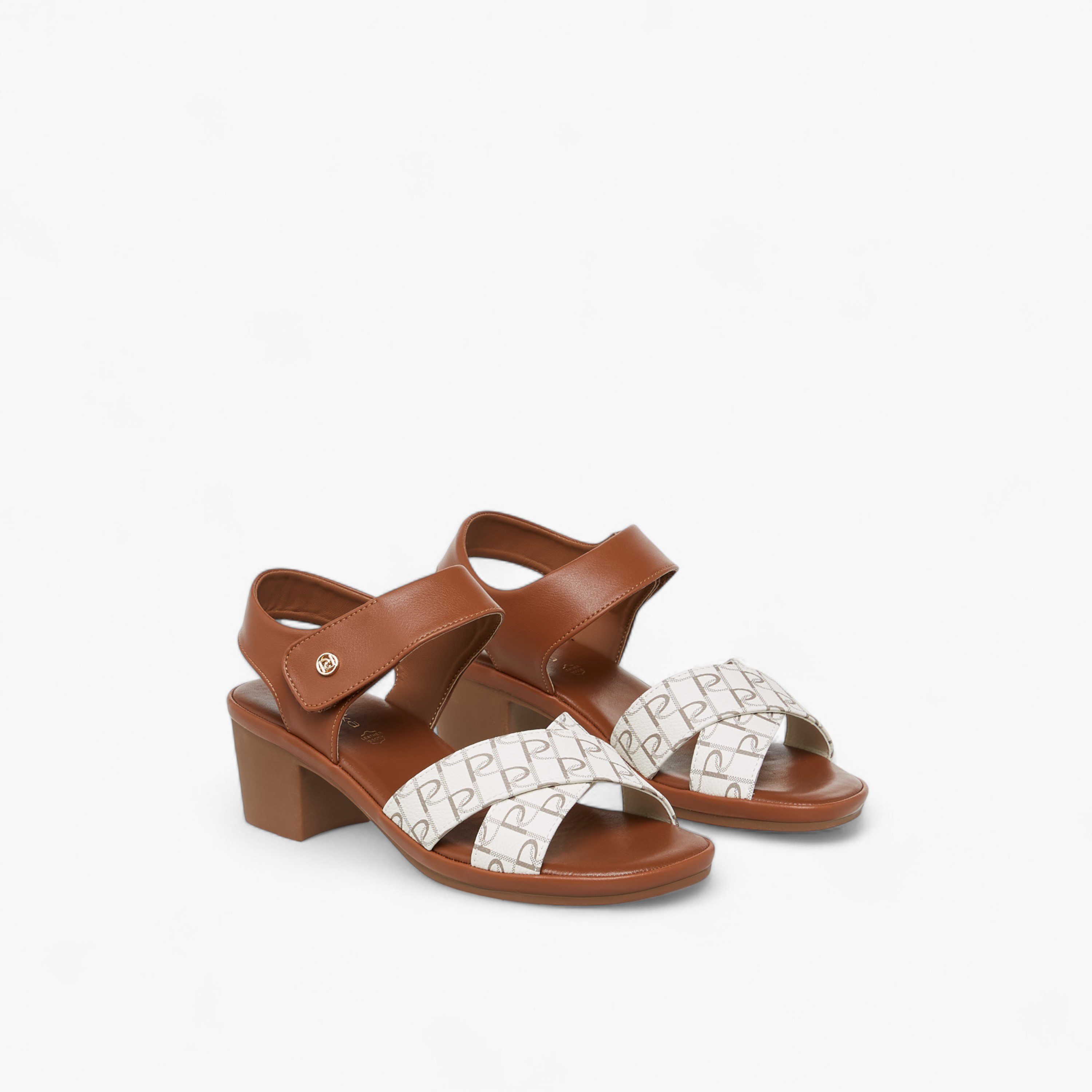 Paprika Monogram Print Sandals with Block Heels-women-shoes-sandals-heeled-image-1