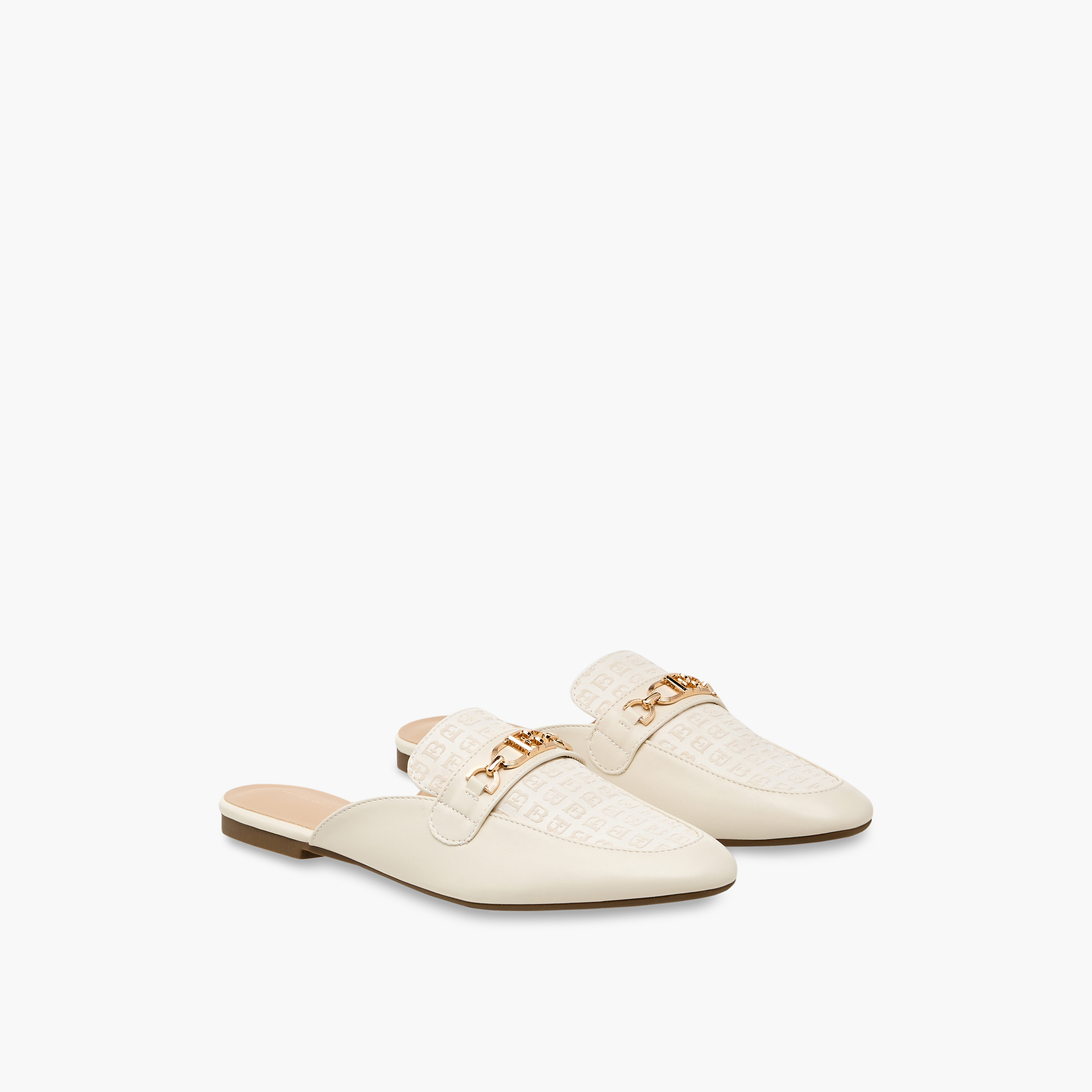 Flora Bella Monogram Embossed Mules with Metal Accent-women-shoes-flats-mules-image-1