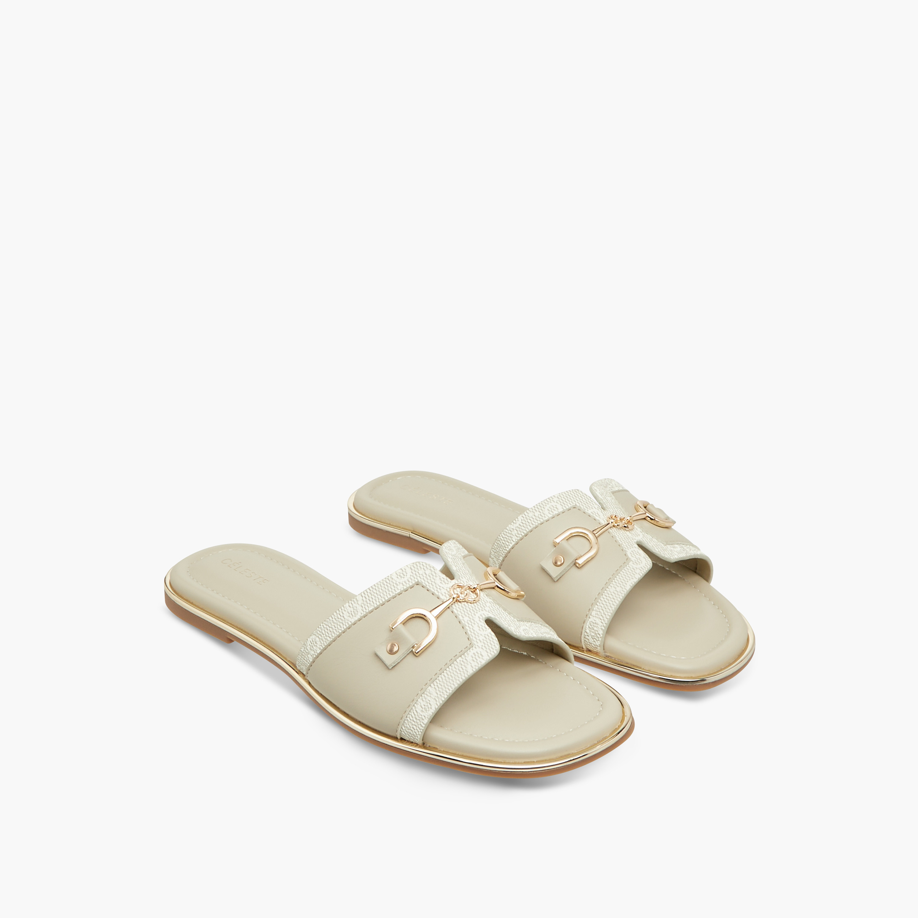 Celeste Women's Monogram Print Slip-On Sandals with Metallic Detail-women-shoes-flats-sandals-image-1