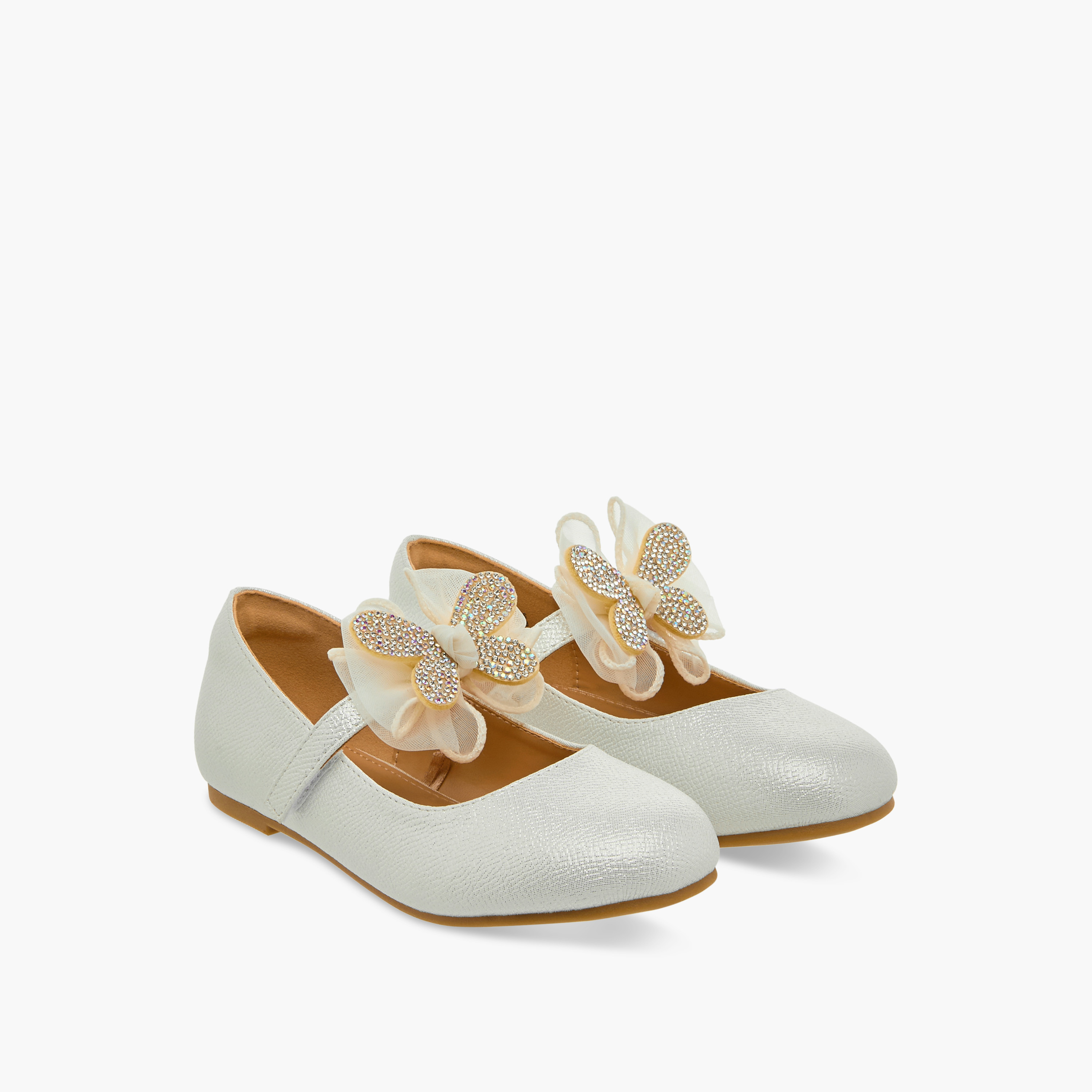 Juniors Butterfly Embellished Ballerina Shoes with Hook and Loop Closure-girls-shoes-maryjanes-image-1