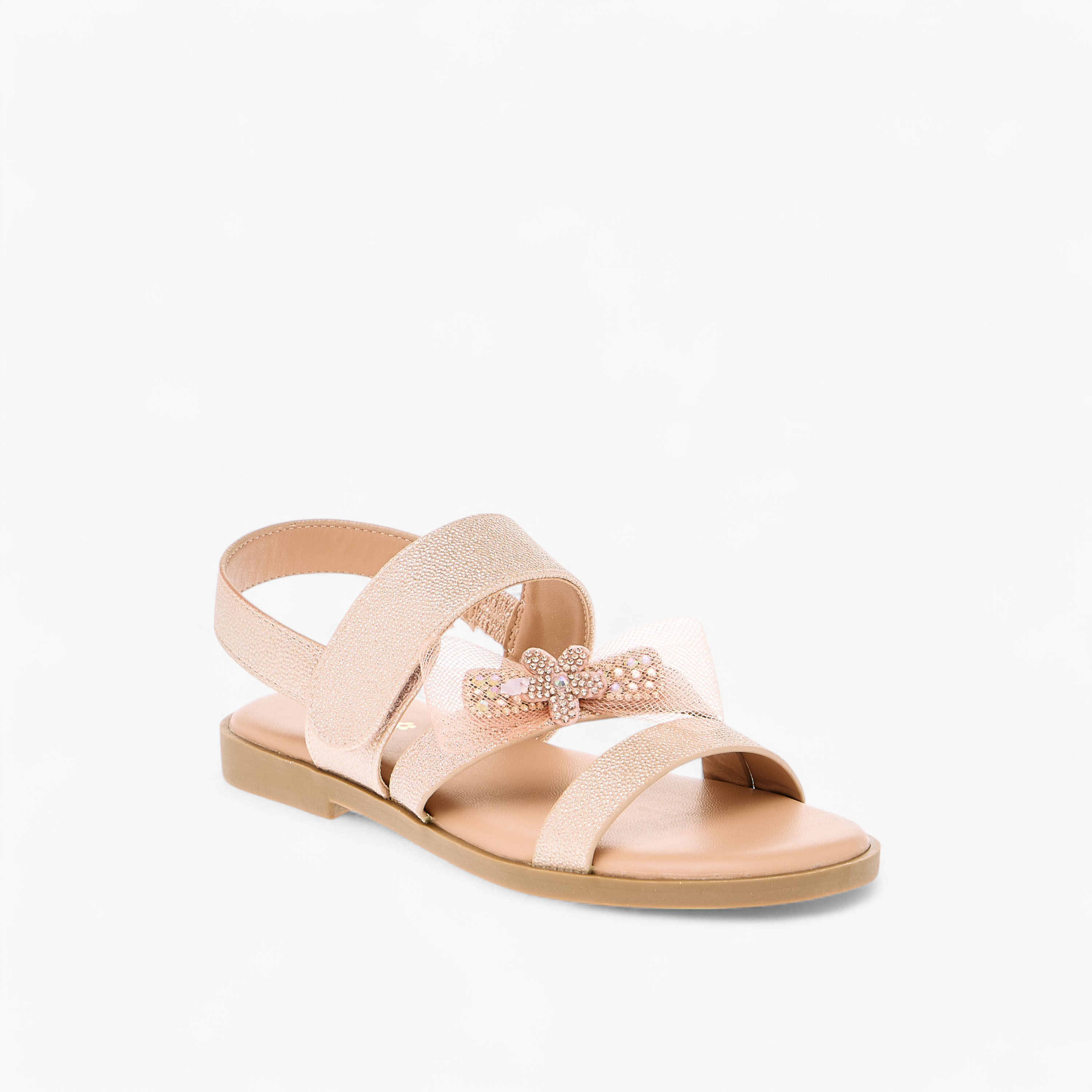 Little Missy Bow Embellished Flat Sandals with Hook and Loop Closure-girls-shoes-sandals-image-2
