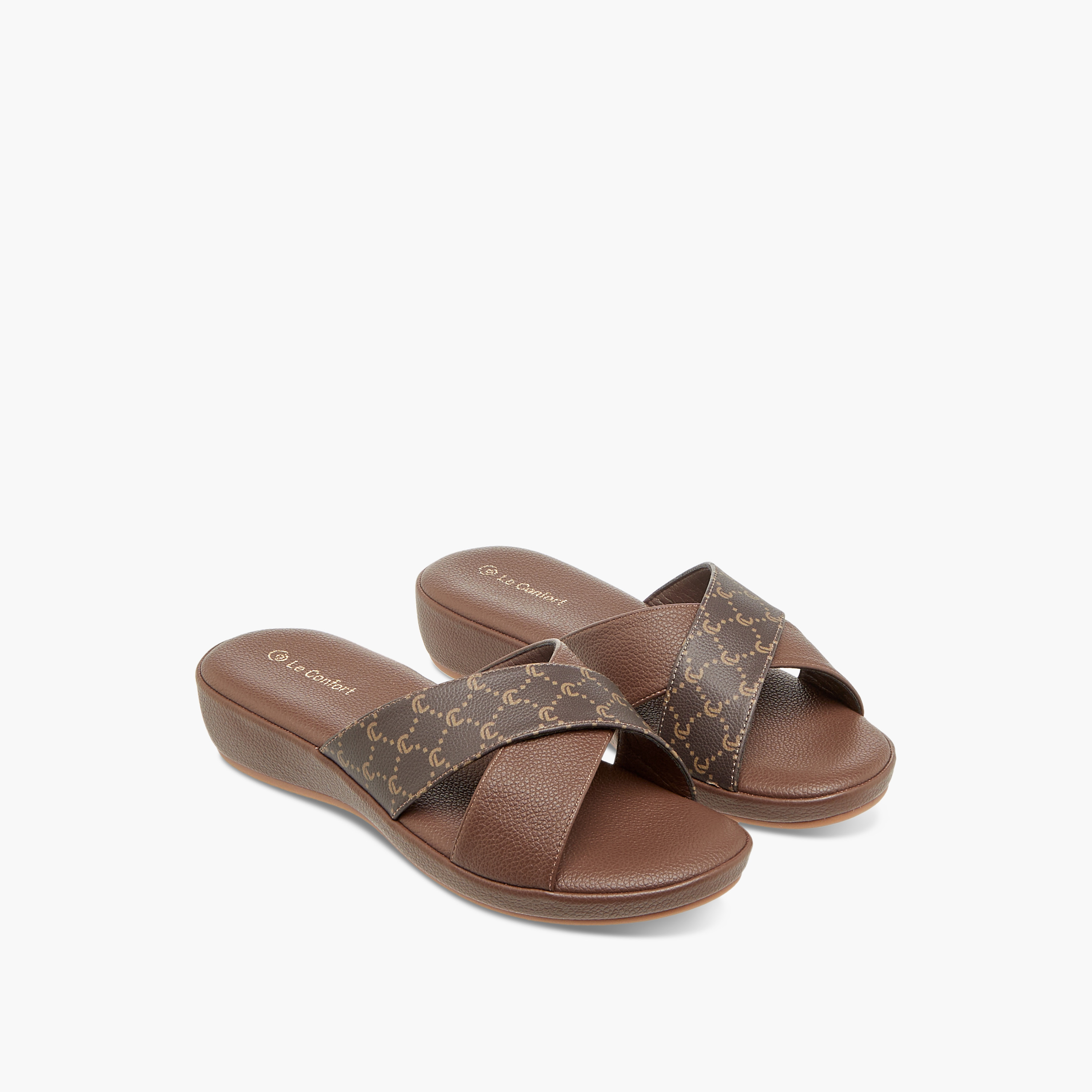 Le Confort Monogram Print Cross Strap Slip-On Comfort Sandals-women-shoes-flats-sandals-image-1