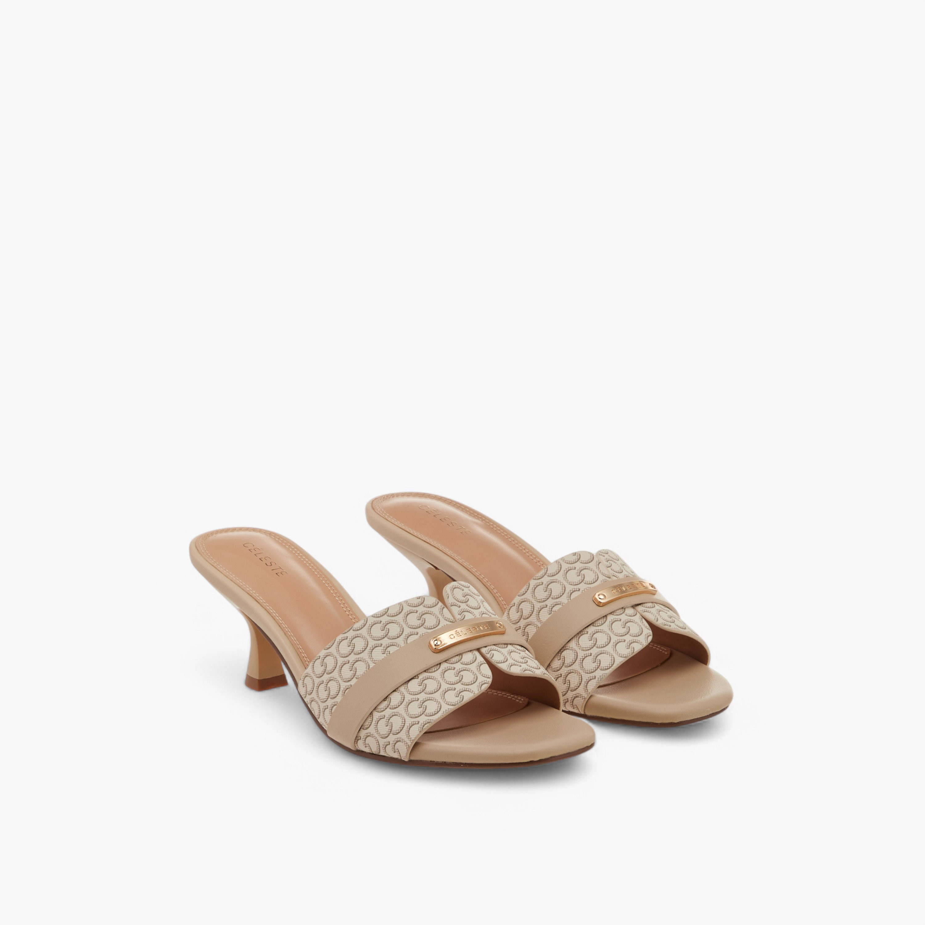 Celeste Women's Monogram Detail Slip-On Sandals with Kitten Heels-women-shoes-sandals-heeled-image-1