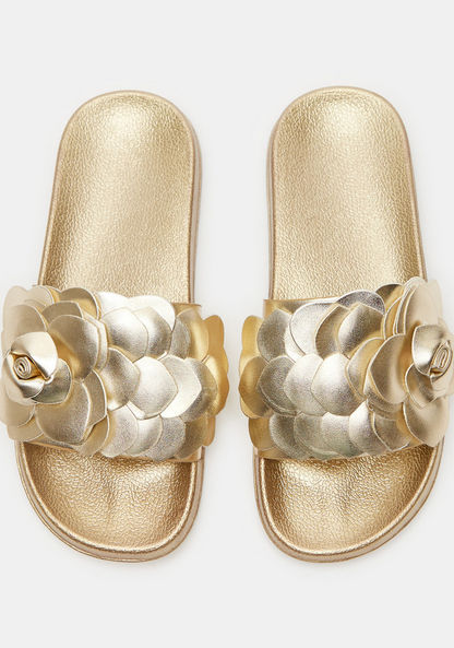 Textured Open Toe Slide Slippers with Floral Accent-Women%27s Flip Flops & Beach Slippers-image-0
