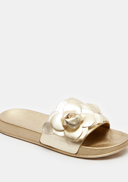 Textured Open Toe Slide Slippers with Floral Accent-Women%27s Flip Flops & Beach Slippers-image-2