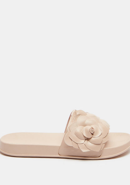 Textured Open Toe Slide Slippers with Floral Accent-Women%27s Flip Flops & Beach Slippers-image-1