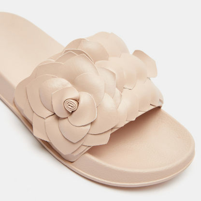 Textured Open Toe Slide Slippers with Floral Accent