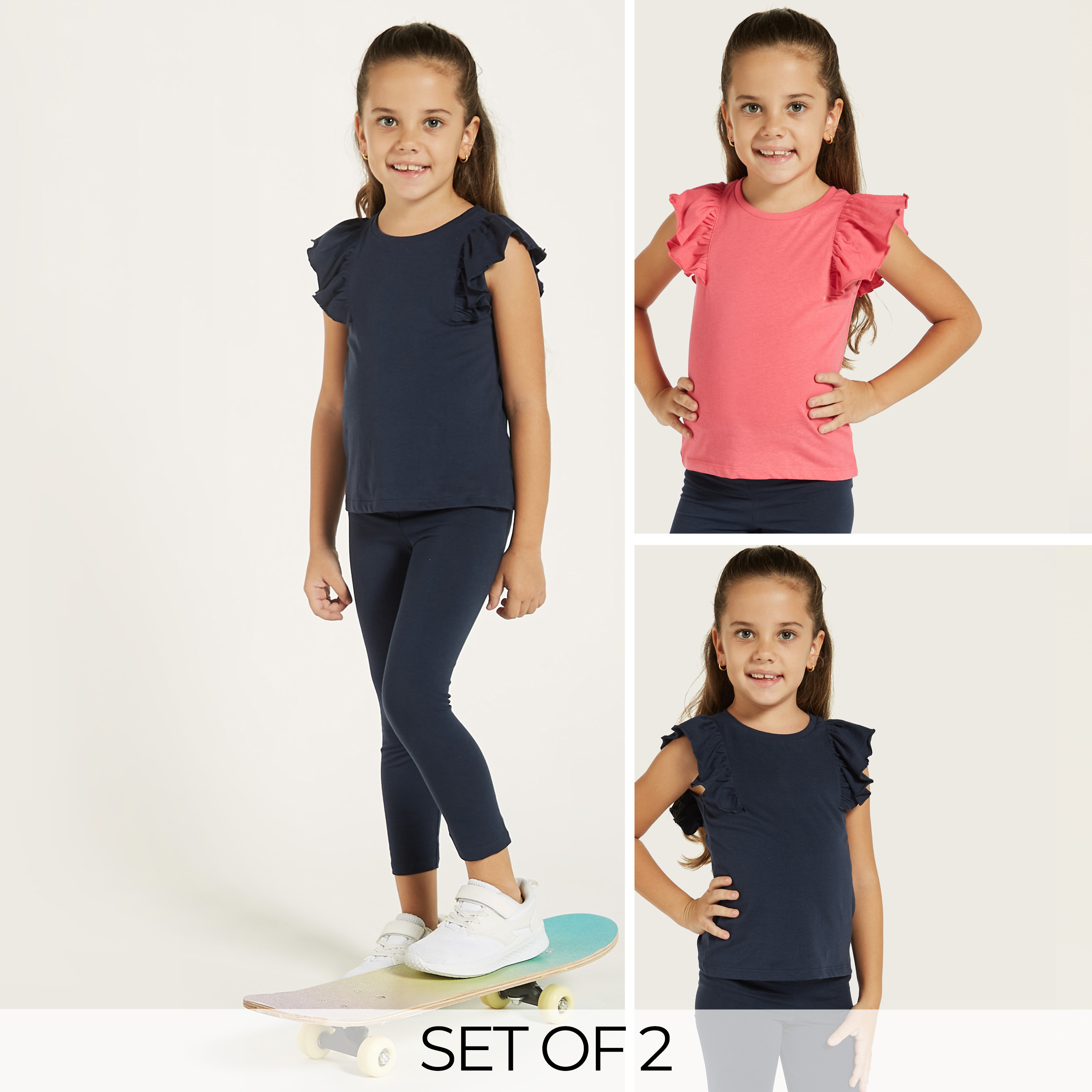 بلوزات سادة بأكمام مكشكشة من جونيورز - طقم من قطعتين-girls-clothing-tshirts-image-1