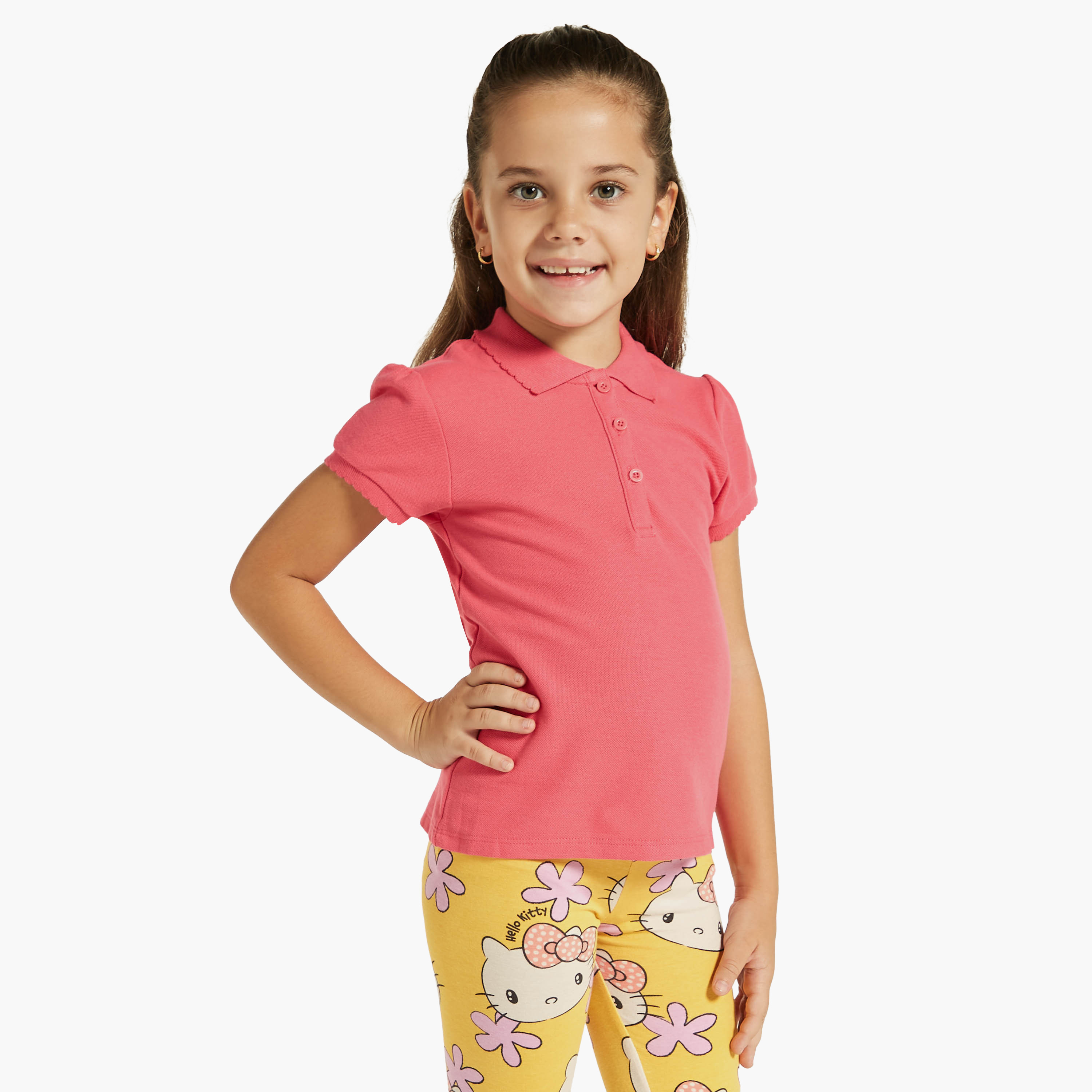 تيشيرت بولو سادة بأكمام قصيرة وأزرار إغلاق من جونيورز-girls-clothing-tshirts-image-1