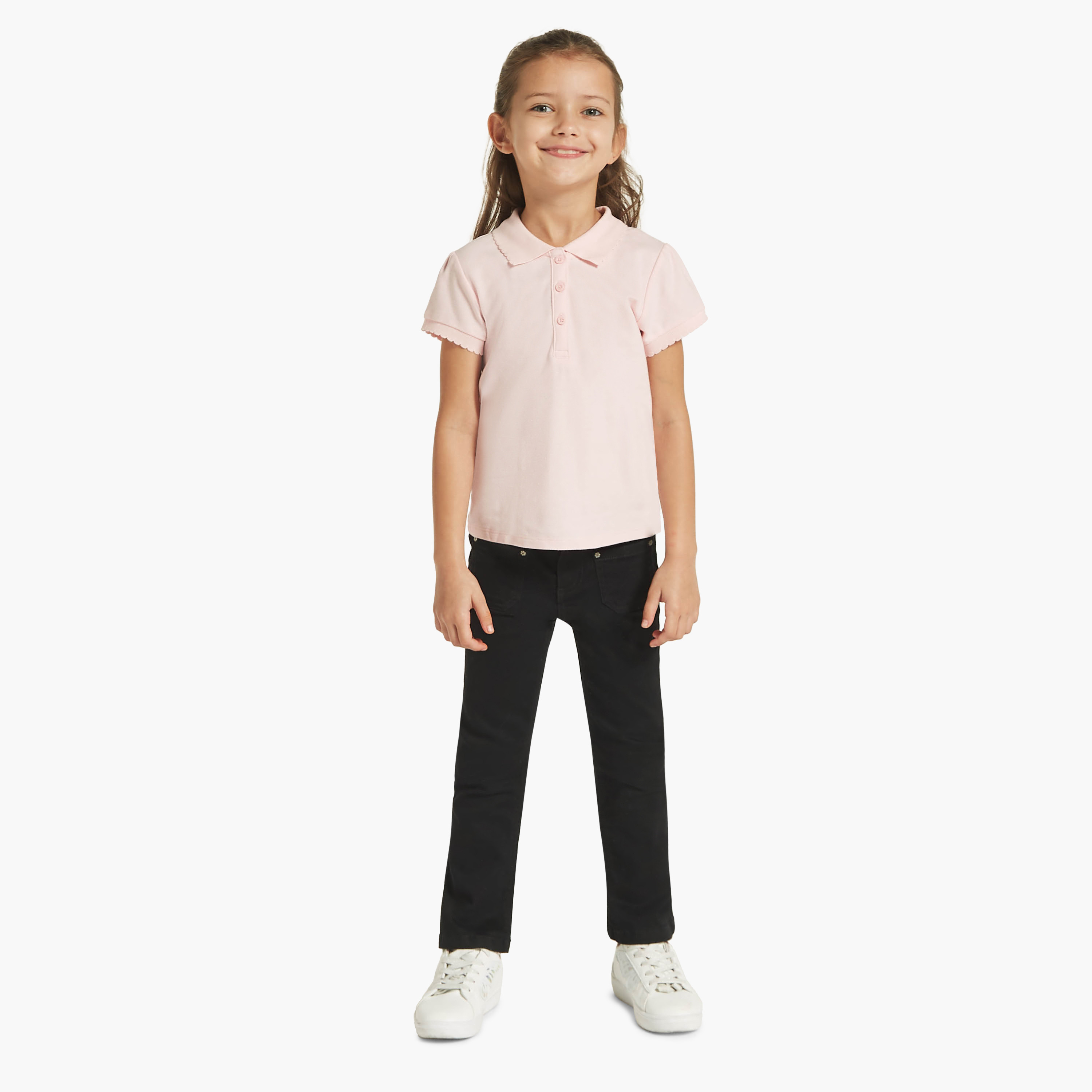 Juniors Solid Polo T-shirt with Short Sleeves and Button Closure-girls-clothing-tshirts-image-2