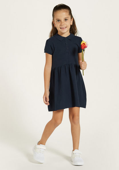 Juniors Solid Polo Dress with Short Sleeves and Button Closure-Dresses%2C Gowns and Frocks-image-0