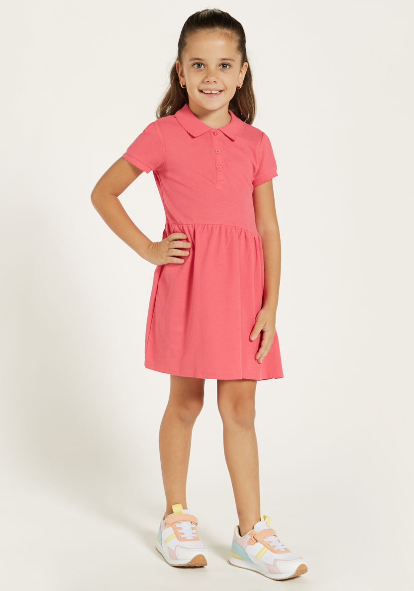 Juniors Solid Polo Dress with Short Sleeves and Button Closure-Dresses%2C Gowns and Frocks-image-1