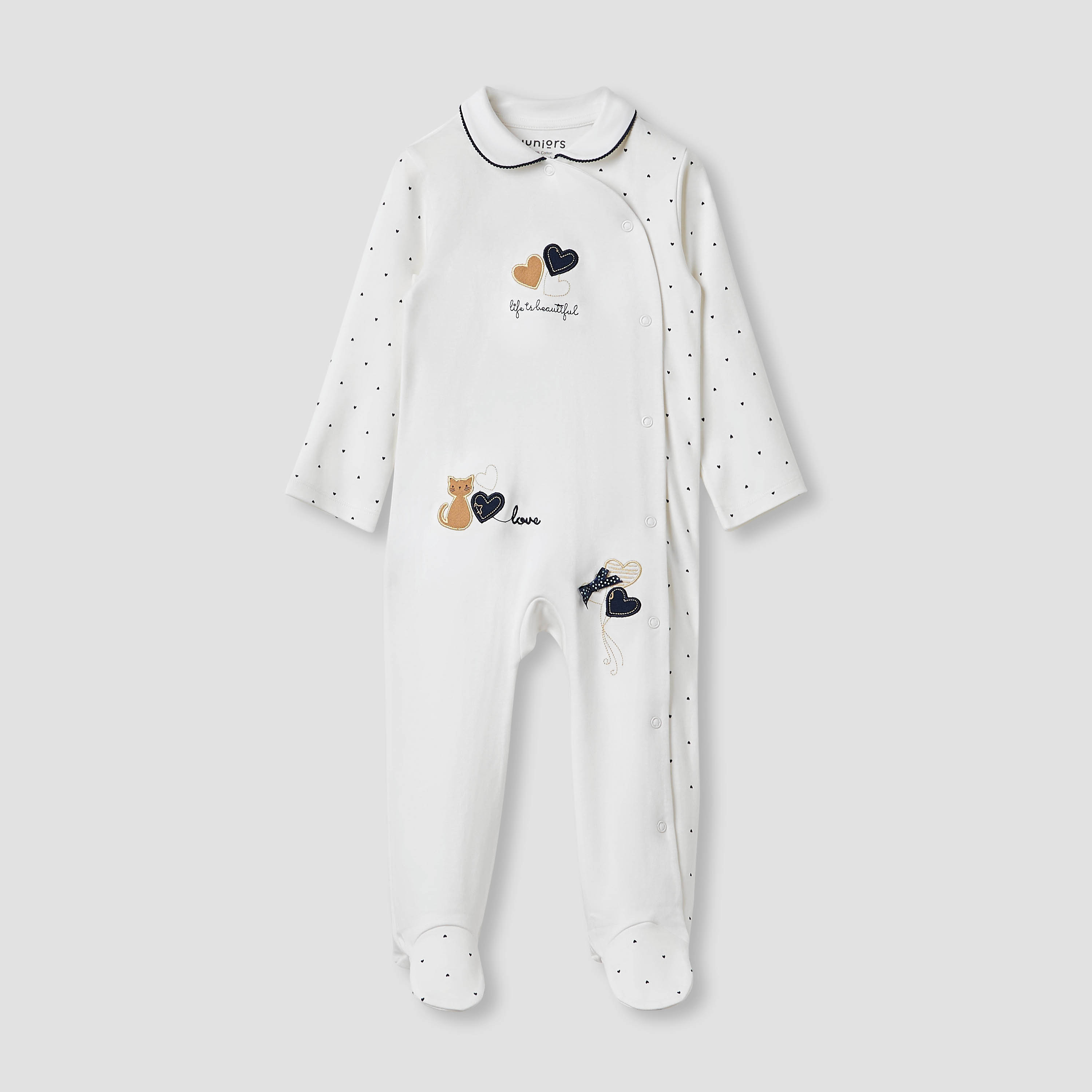Juniors Heart Print Sleepsuit with Long Sleeves and Button Closure-baby-girls-clothing-nightwear-sleepsuits-image-1