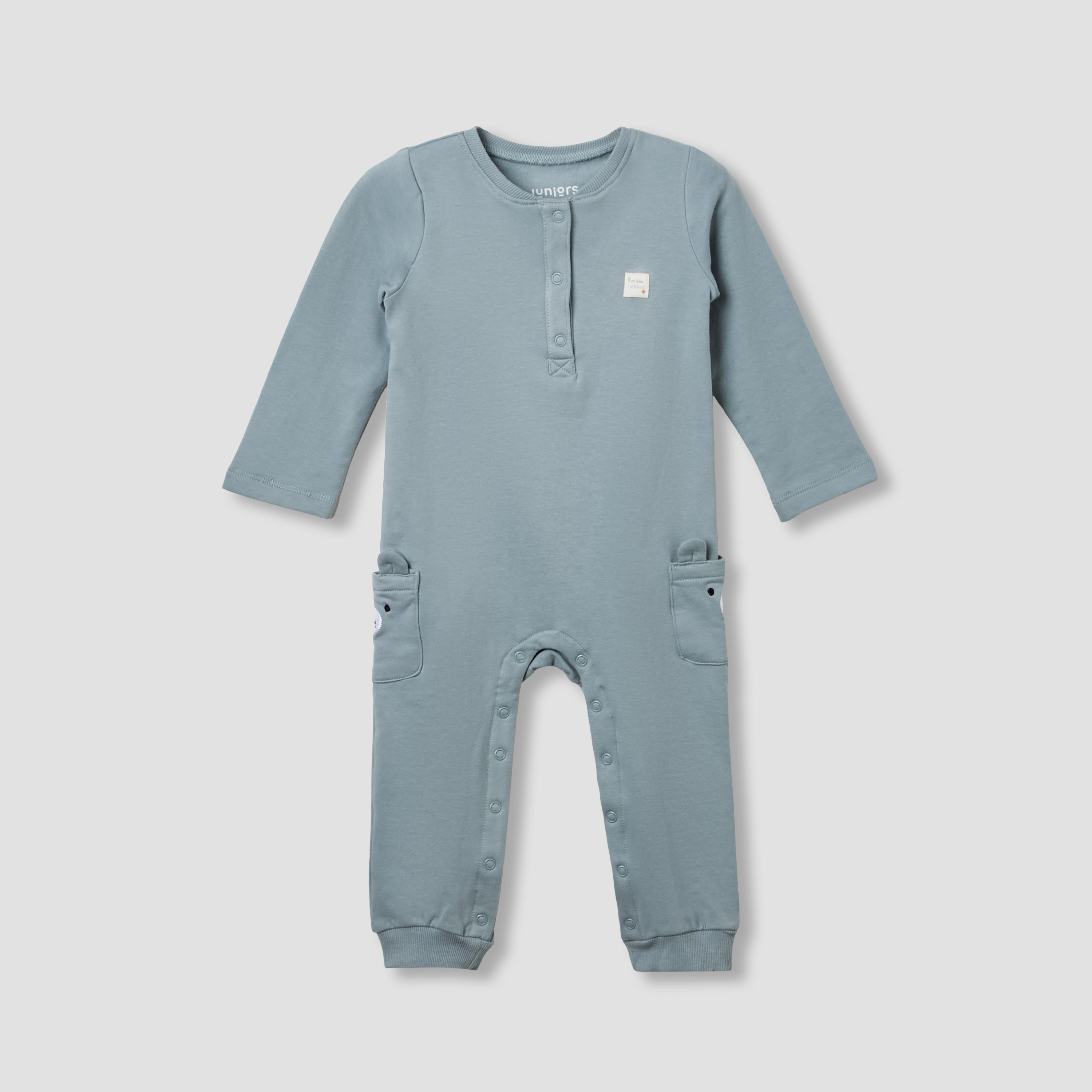 Juniors Henley Neck Sleepsuit with Teddy Applique - Cotton - Long Sleeves-baby-boys-clothing-nightwear-sleepsuits-image-1