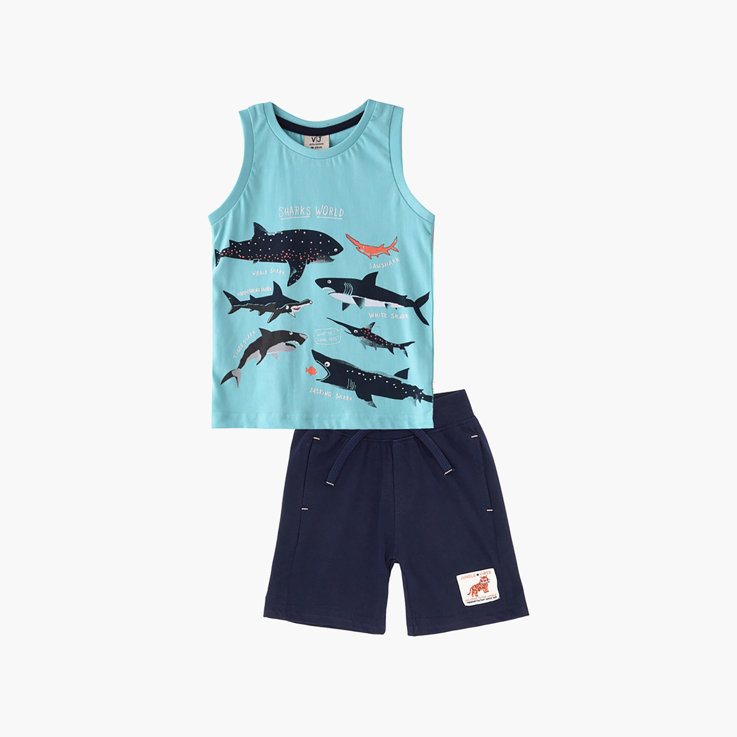 Victor and Jane Printed Sleeveless T-Shirt with Shorts-baby-boys-clothing-setsandcoords-image-1