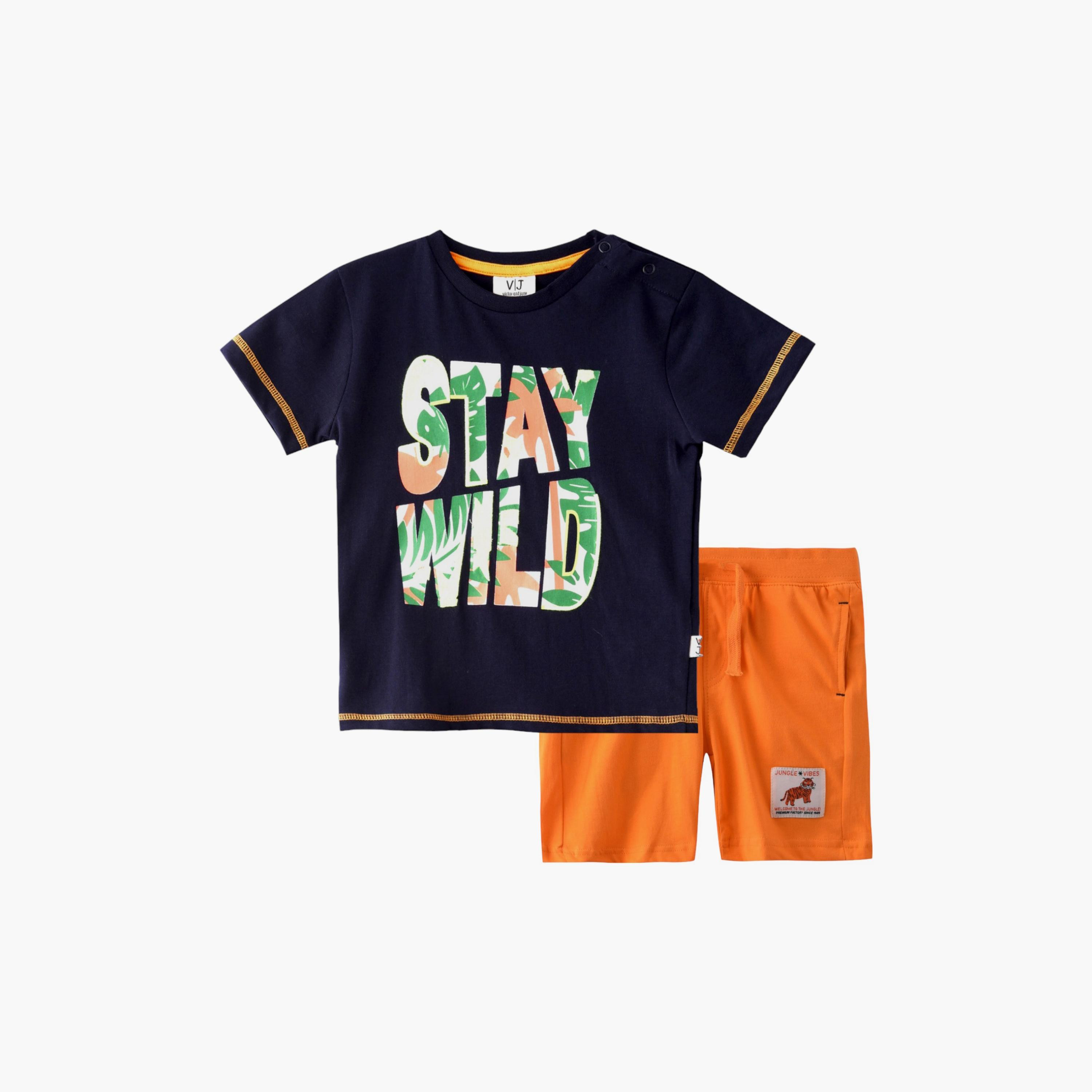 طقم تي شيرت بأكمام قصيرة وشورت بطبعة ستاي وايلد من فيكتور اند جين-baby-boys-clothing-setsandcoords-image-1