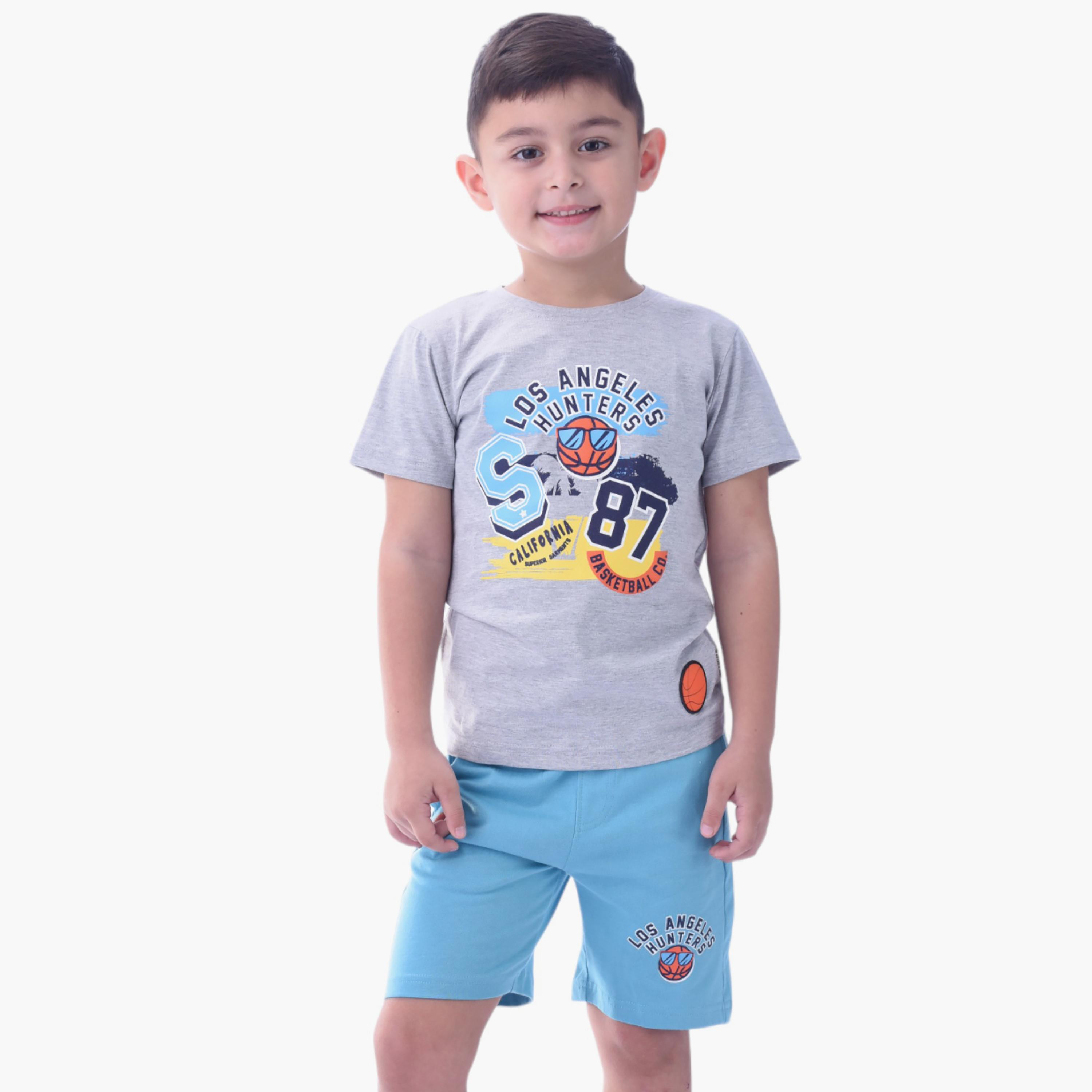 طقم تي شيرت وشورت  قطن 100% قطعتين مطبوع من فيكتور آند جين-boys-clothing-setsandcoords-image-3
