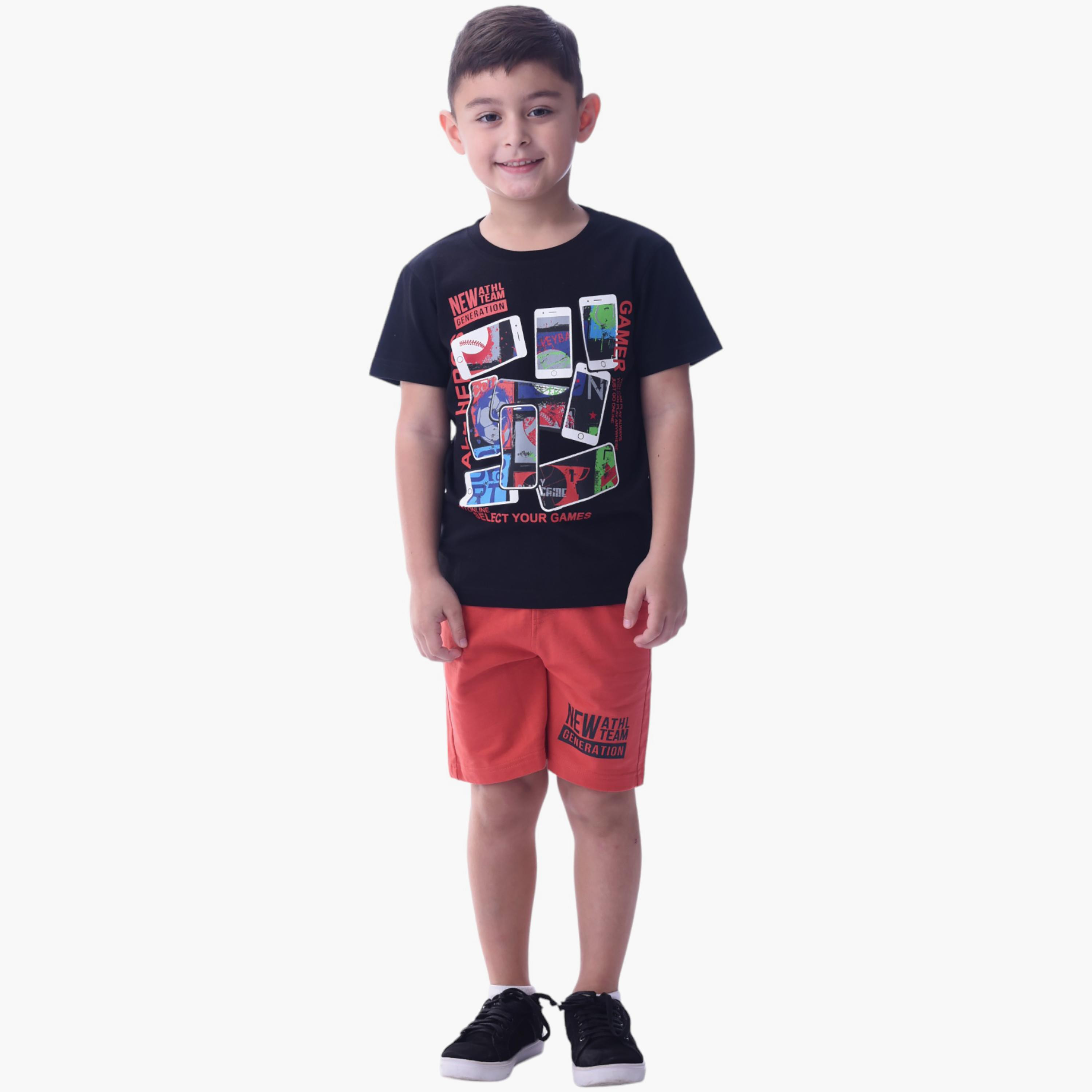 طقم تي شيرت وشورت  قطن 100% قطعتين مطبوع من فيكتور آند جين-boys-clothing-setsandcoords-image-1
