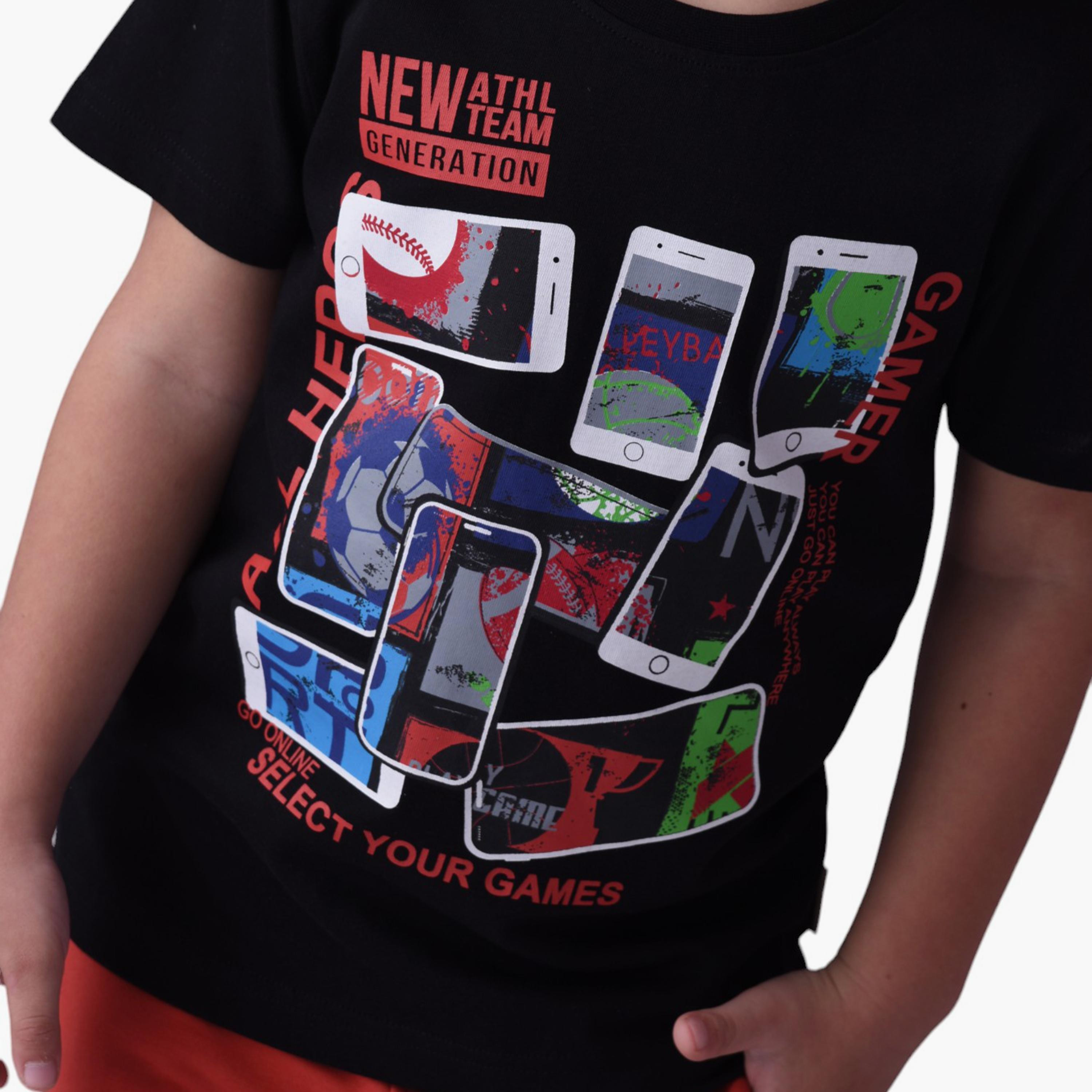 طقم تي شيرت وشورت  قطن 100% قطعتين مطبوع من فيكتور آند جين-boys-clothing-setsandcoords-image-3