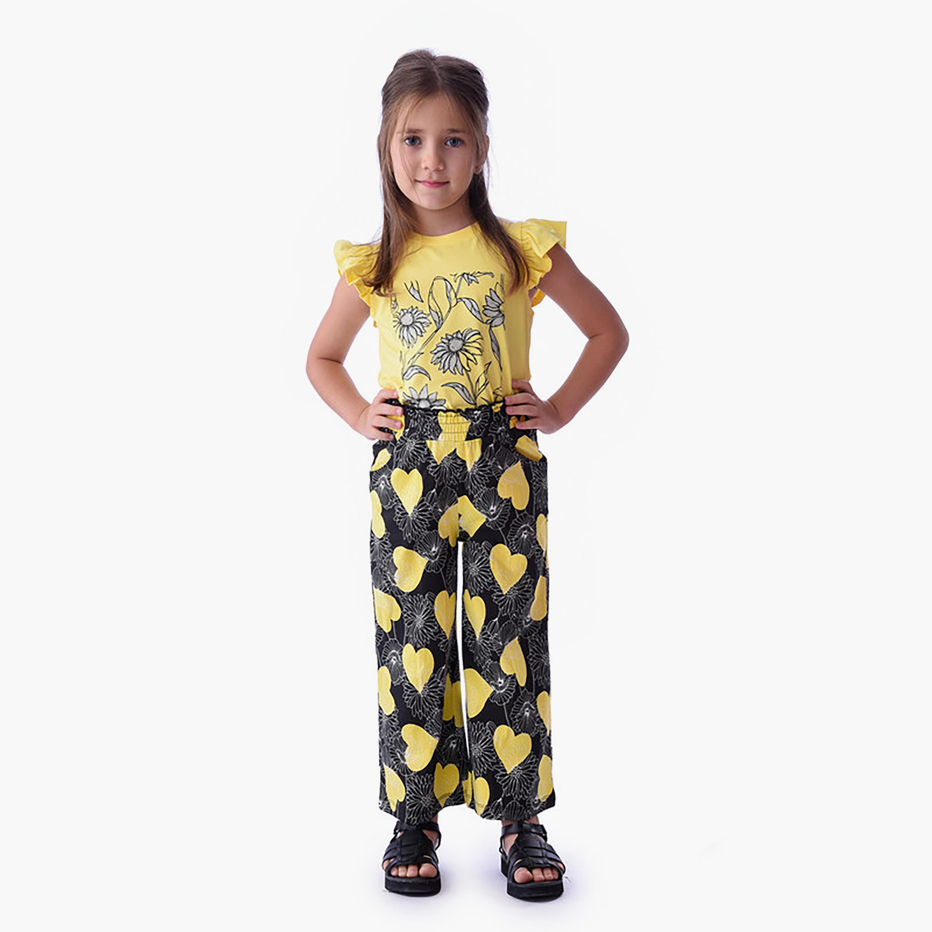 تيشيرت بأكمام كاب وطبعات زهور مع بنطال من فيكتور اند جين-girls-clothing-setsandcoords-image-1