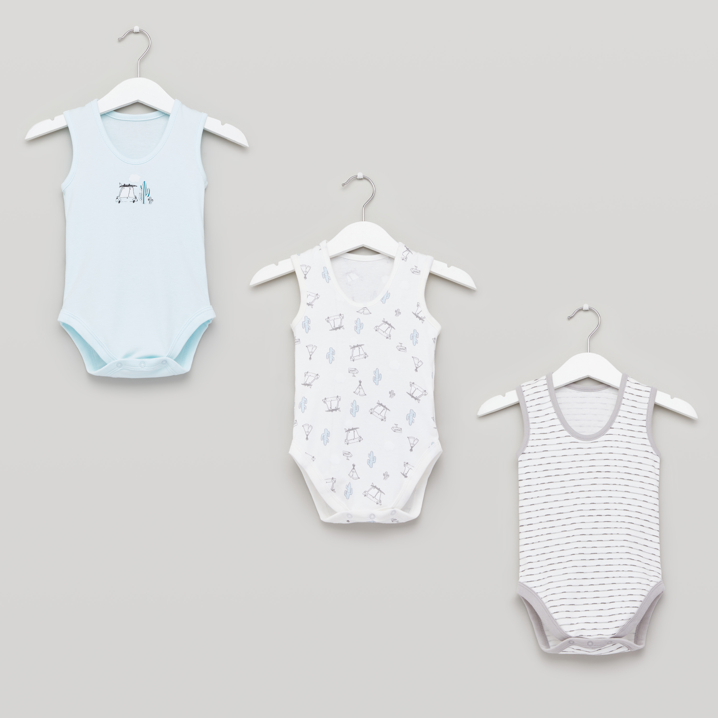 Juniors Printed Sleeveless Bodysuit with Round Neck - Set of 3-baby-boys-clothing-bodysuits-image-1