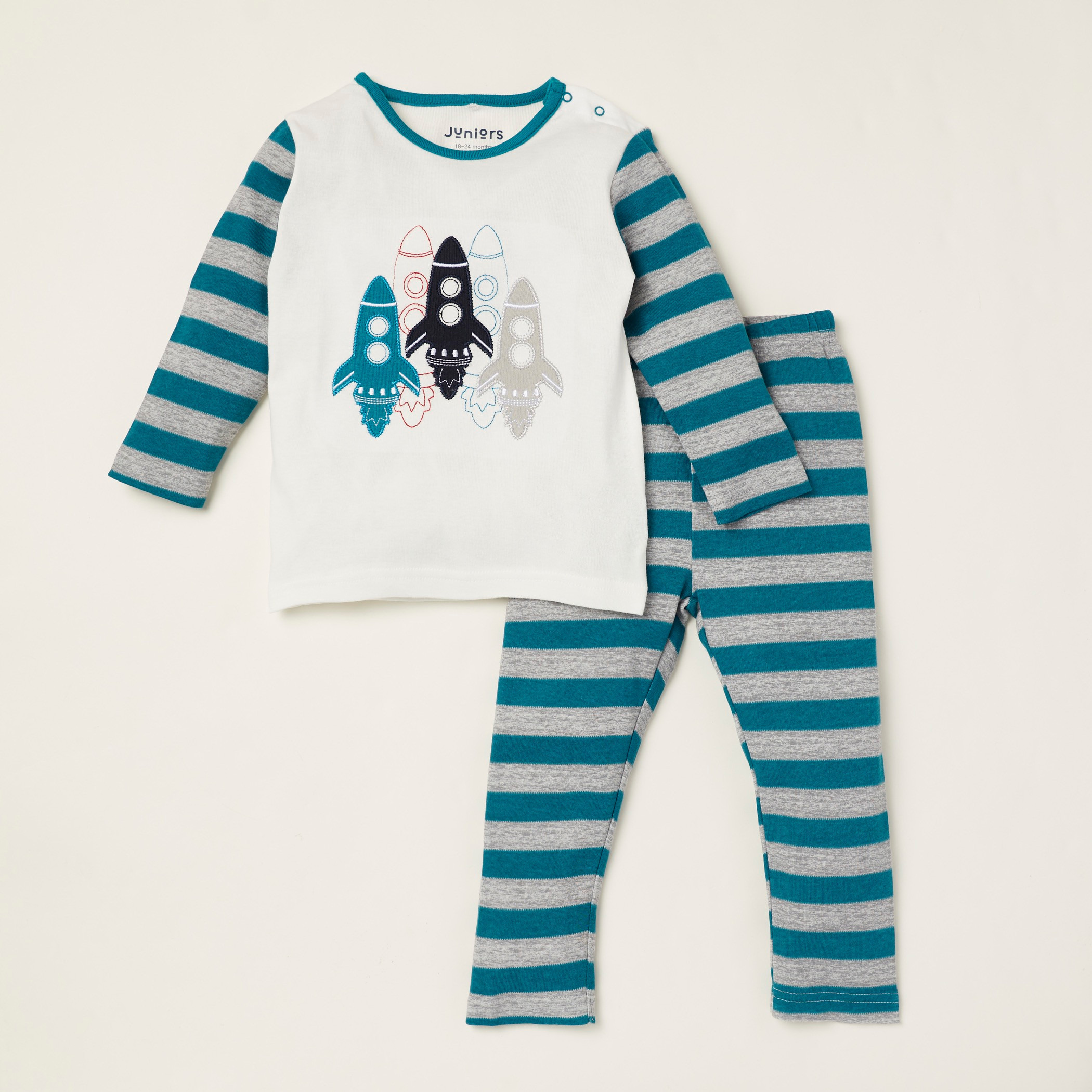 Juniors Embroidered T-shirt with Long Sleeves and Striped Pyjama Set-baby-boys-clothing-nightwear-pyjamasets-image-1