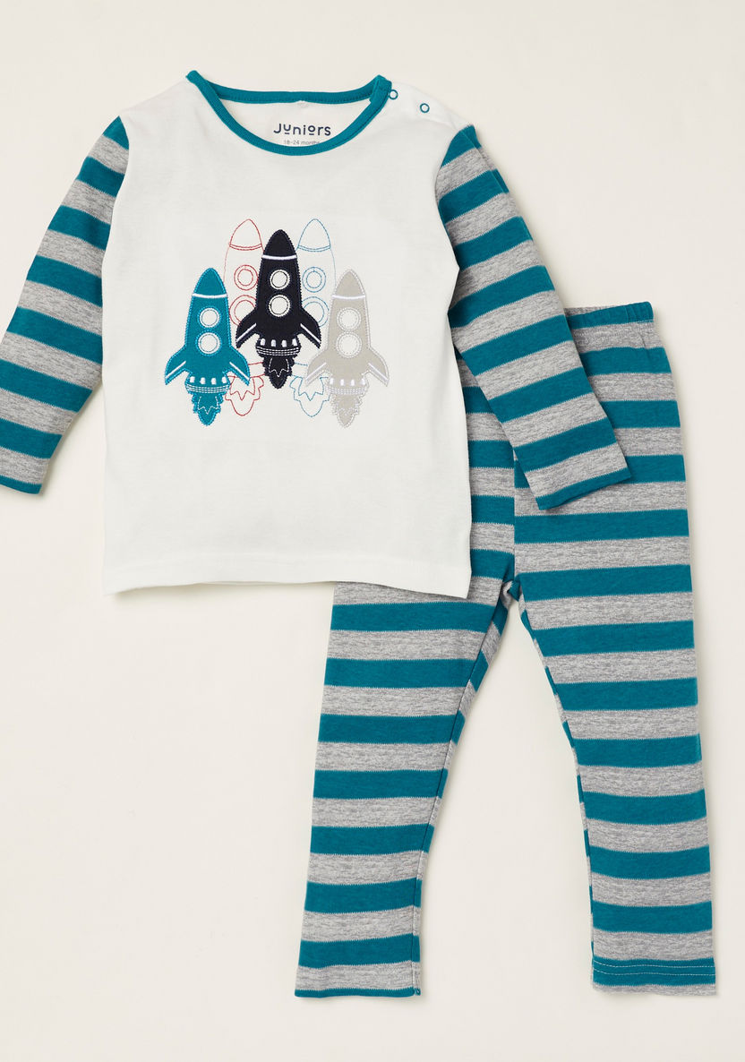 Juniors Embroidered T-shirt with Long Sleeves and Striped Pyjama Set-Pyjama Sets-image-0