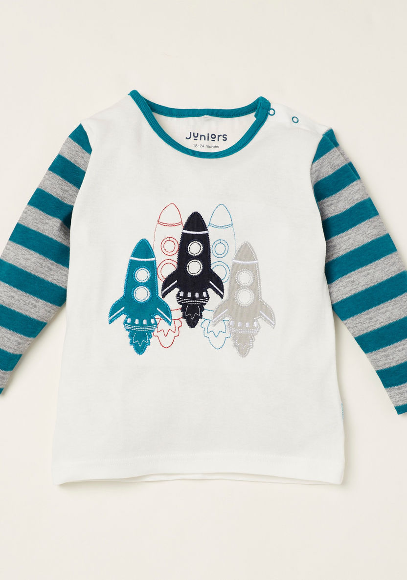 Juniors Embroidered T-shirt with Long Sleeves and Striped Pyjama Set-Pyjama Sets-image-1