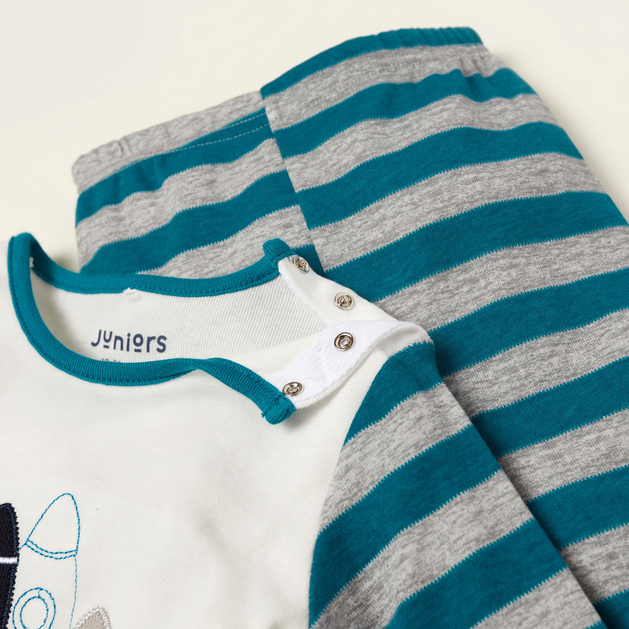 Juniors Embroidered T-shirt with Long Sleeves and Striped Pyjama Set-baby-boys-clothing-nightwear-pyjamasets-image-4