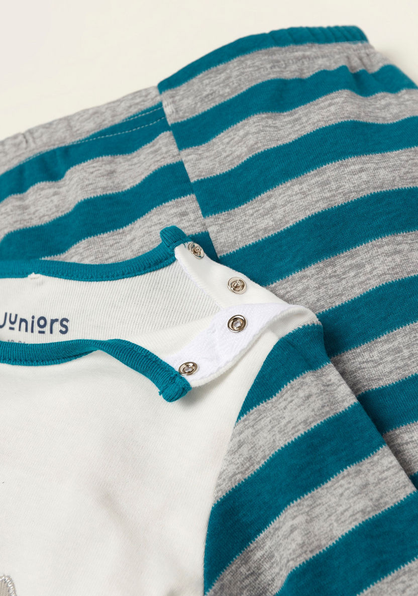 Juniors Embroidered T-shirt with Long Sleeves and Striped Pyjama Set-Pyjama Sets-image-3