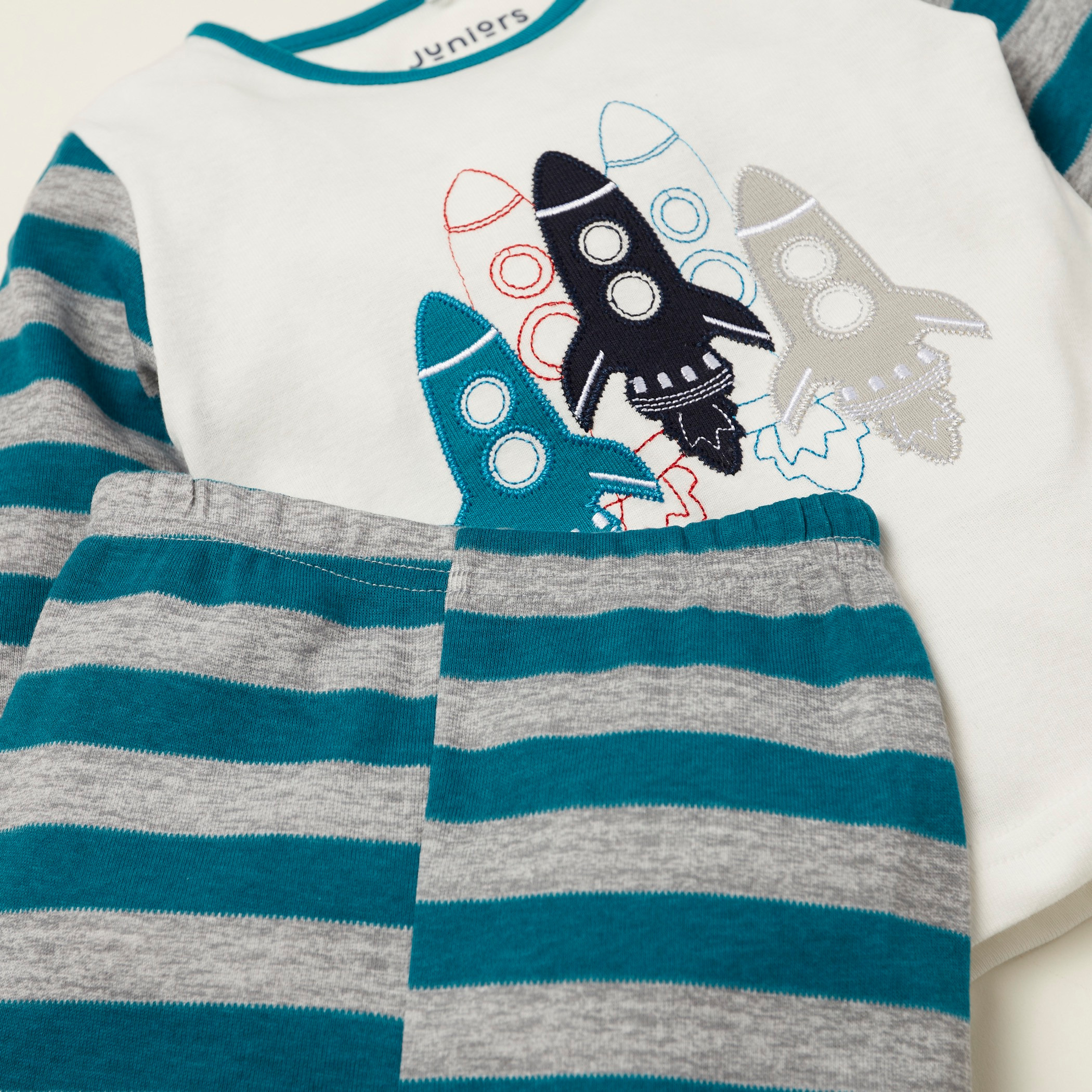 Juniors Embroidered T-shirt with Long Sleeves and Striped Pyjama Set-baby-boys-clothing-nightwear-pyjamasets-image-5