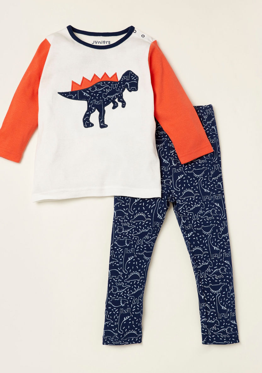 Juniors Embroidered Detail Long Sleeves T-shirt and Printed Pyjama Set-Pyjama Sets-image-0