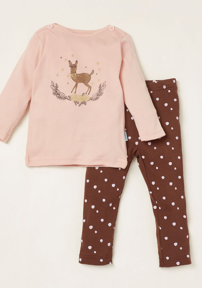 Juniors Embroidered Detail Long Sleeves T-shirt and Printed Pyjama Set-Pyjama Sets-image-0
