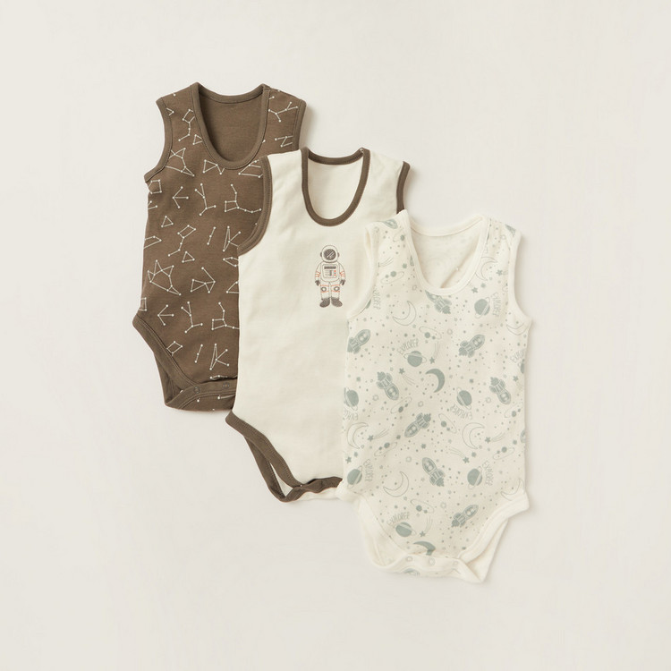 Juniors Printed Sleeveless Bodysuit with Press Button Closure - Set of  3