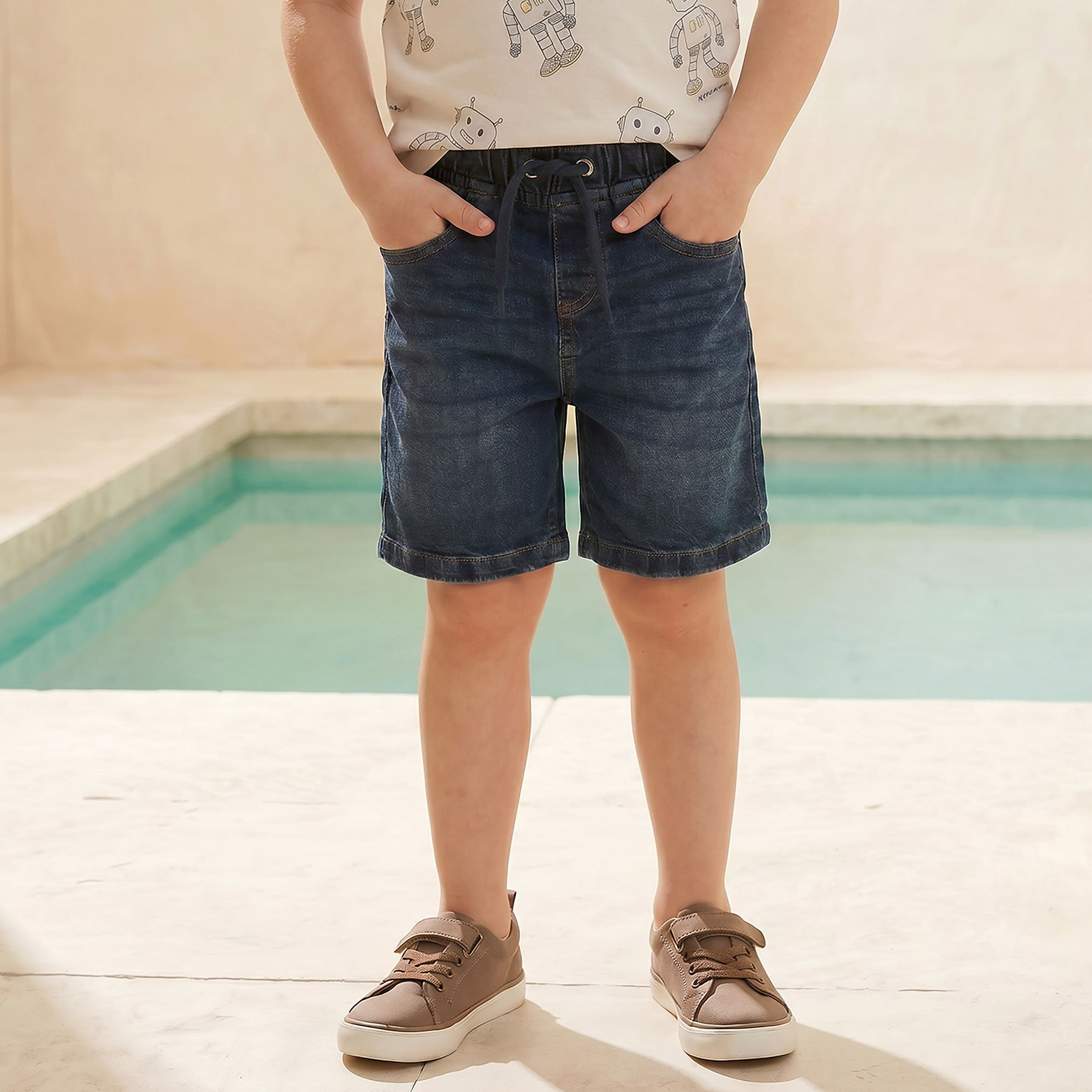 Juniors Knee Length Drawstring Waistband Denim Shorts with Pockets-baby-boys-clothing-bottoms-shorts-image-1