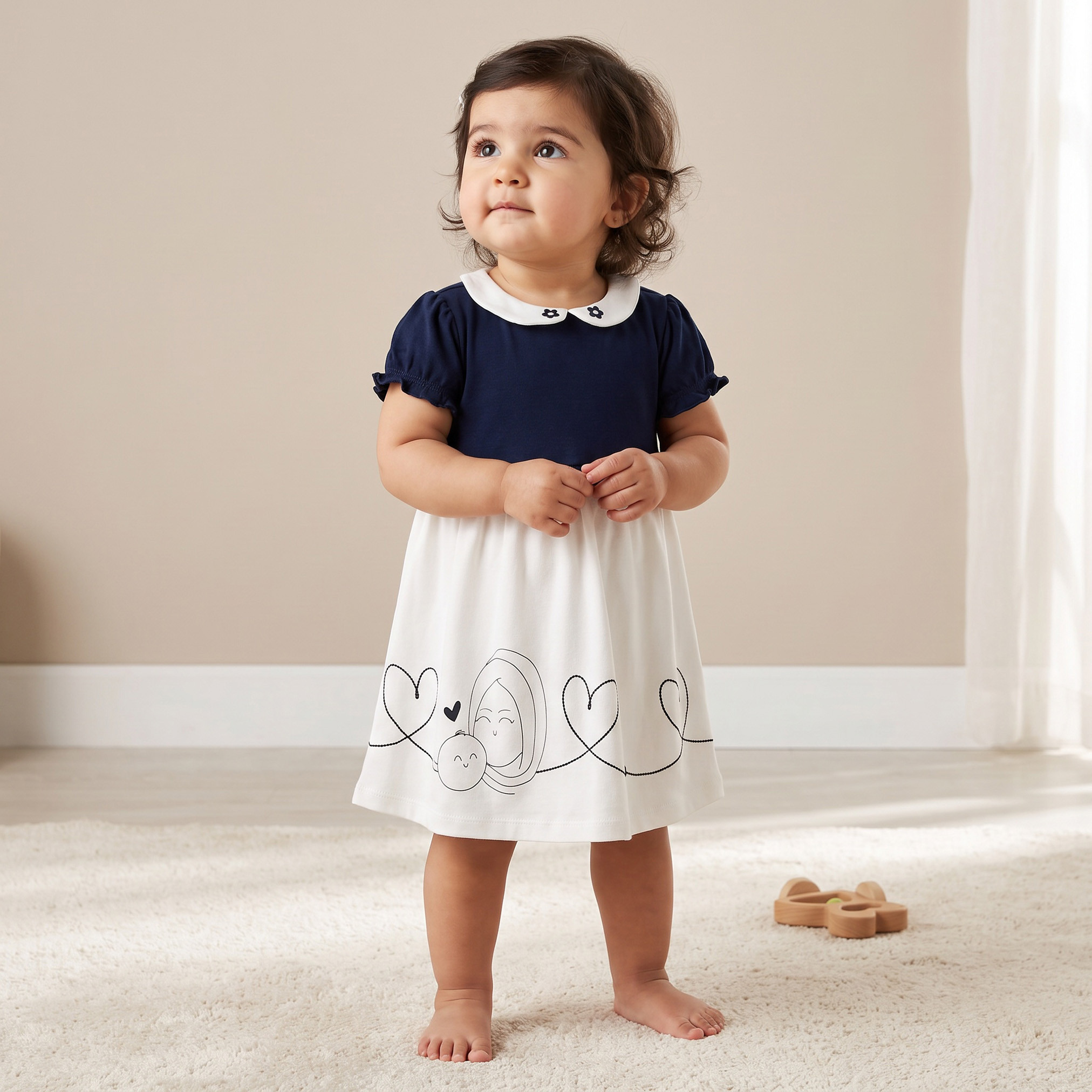 Juniors Peter Pan Collar Short Sleeves Knee Length Dress with Embroidery-baby-girls-clothing-dressesandjumpsuits-image-1