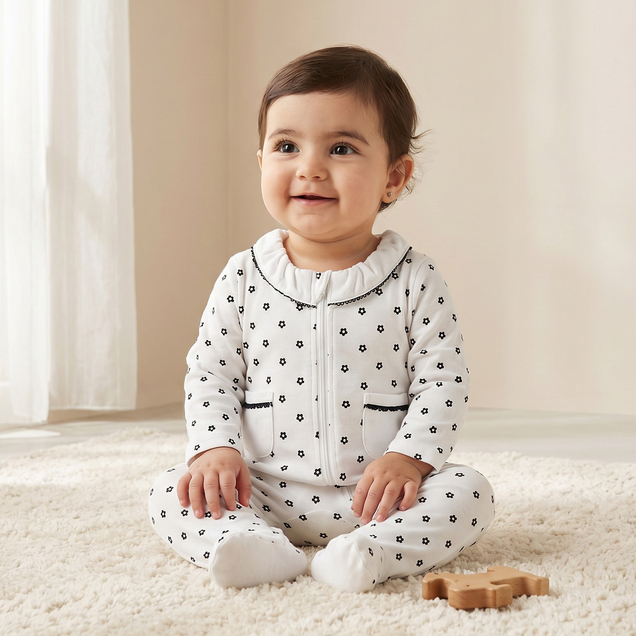 بدلة نوم قطن بياقة مستديرة وأكمام طويلة وطبعات زهرية من جونيورز-baby-girls-clothing-nightwear-sleepsuits-image-1