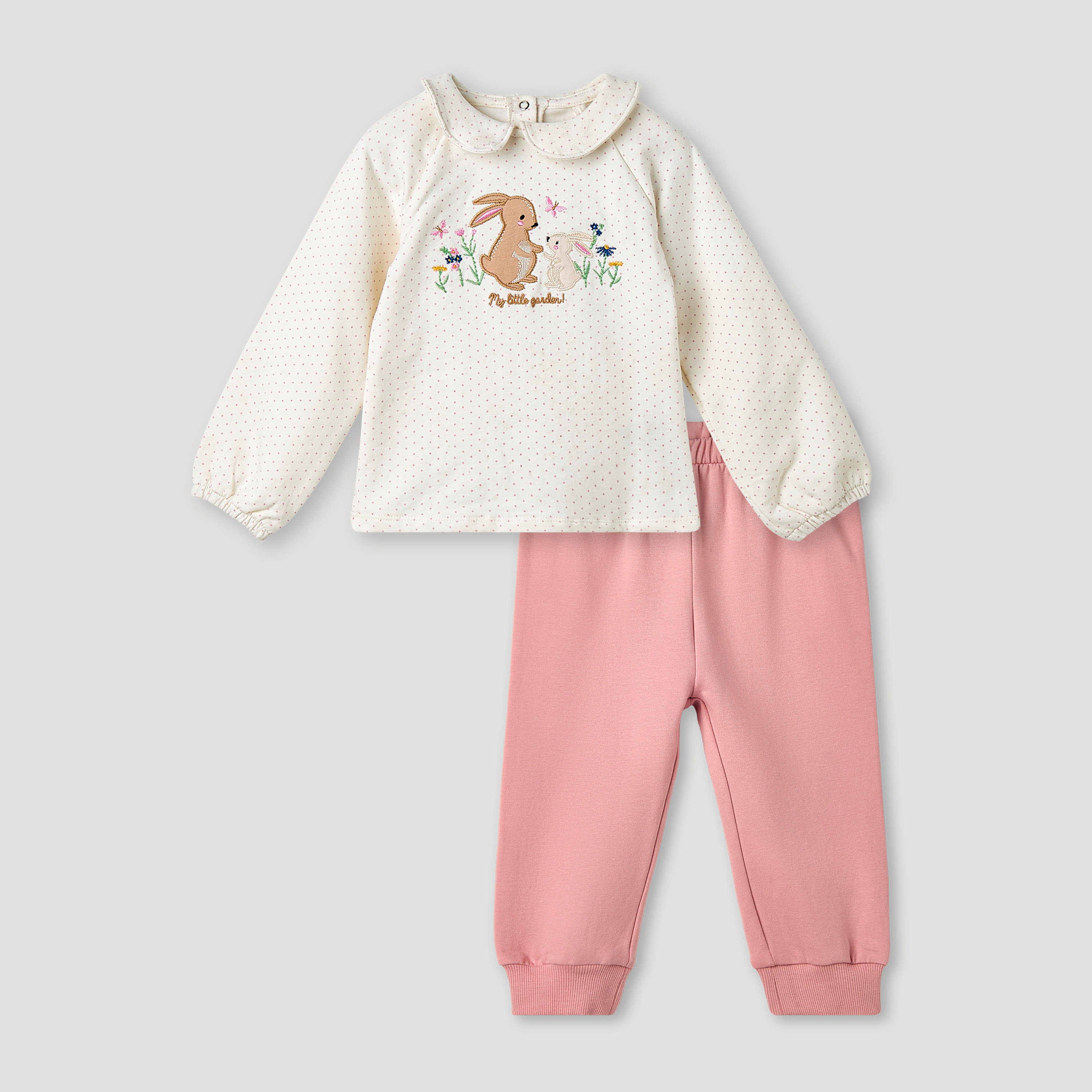 Juniors Bunny Embroidered T-shirt and Elasticated Pyjama Set-baby-girls-clothing-nightwear-pyjamasets-image-1