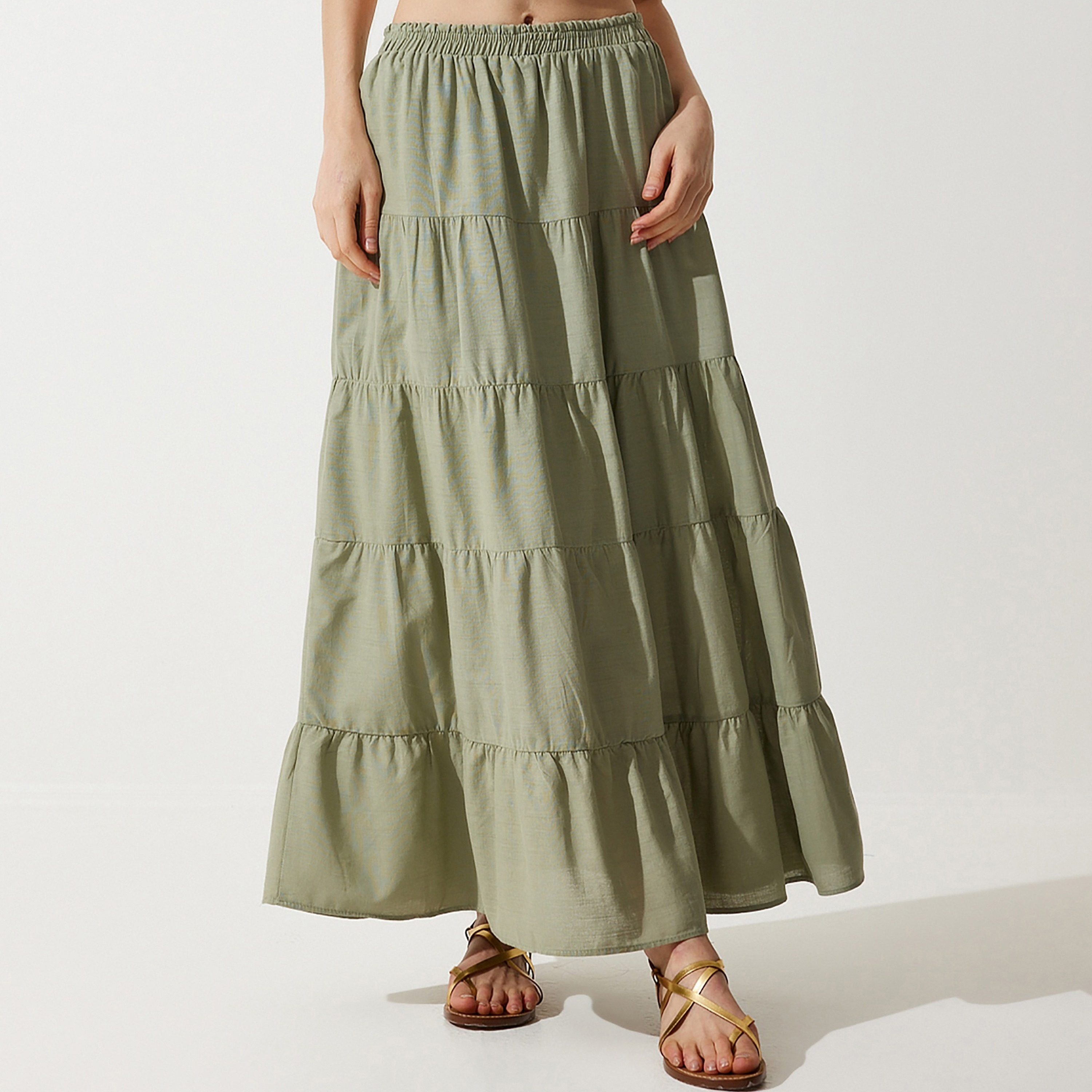 تنورة ماكسي نسائية عالية الطبقات من Happiness istanbul بطبقات خضراء-women-clothing-bottoms-skirts-image-1