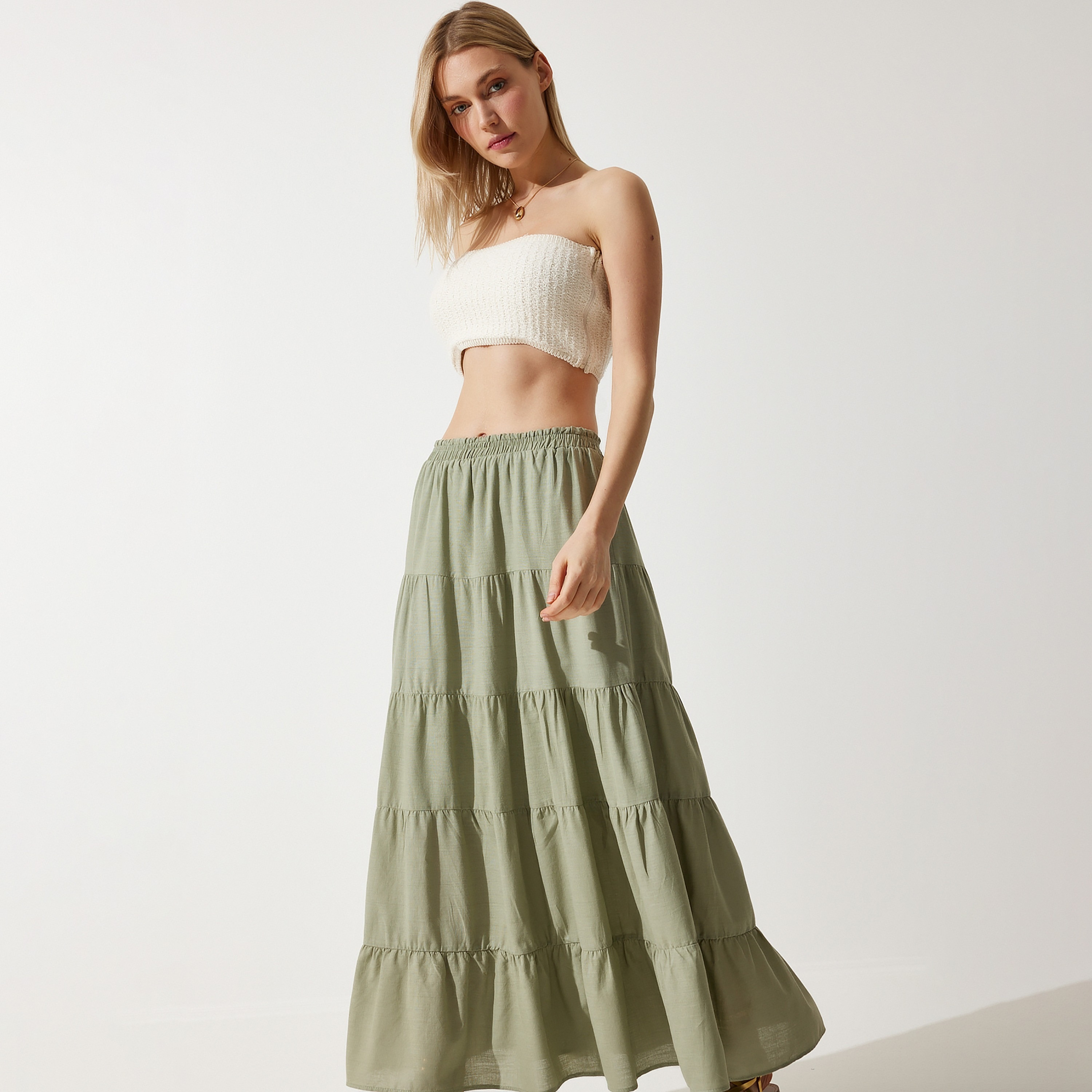تنورة ماكسي نسائية عالية الطبقات من Happiness istanbul بطبقات خضراء-women-clothing-bottoms-skirts-image-3